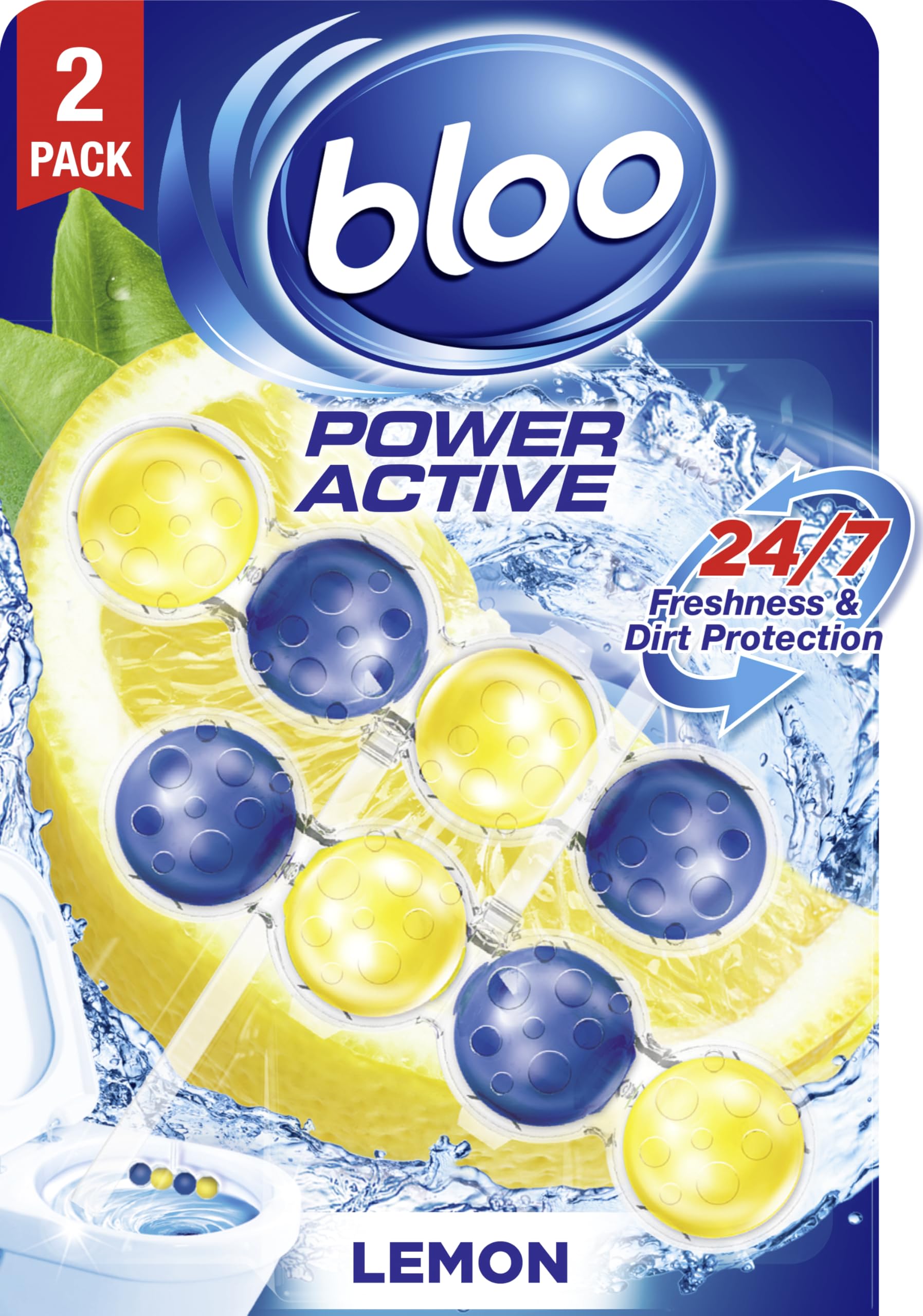 Bloo Power Active Toilet Rim Block - Lemon Scent with Anti-Limescale & Foaming Clean (240 Flushes)