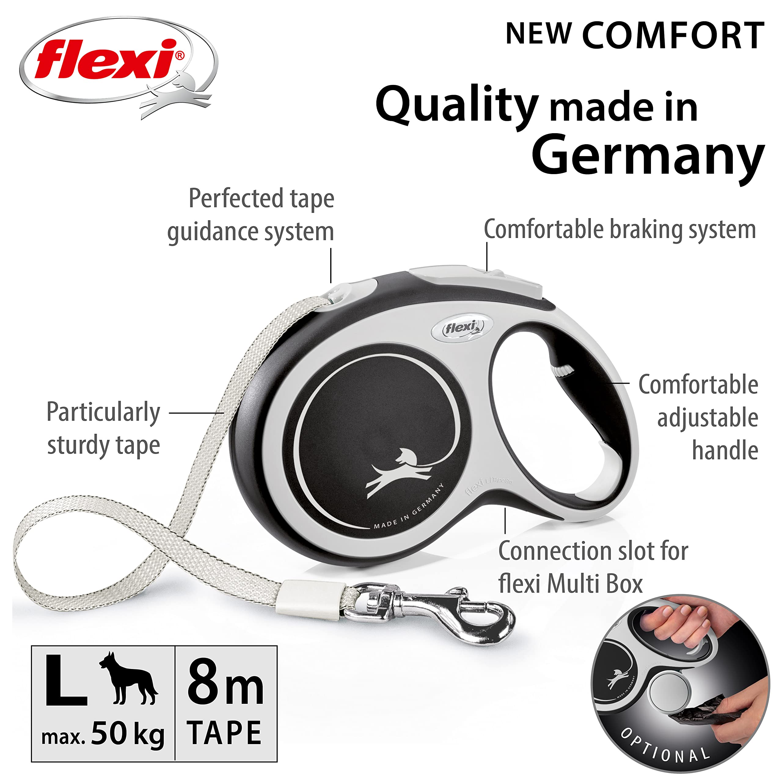 flexi New Comfort Tape Retractable Dog Lead - 8m Tape | Up to 50kg/110lbs | Grey & Black