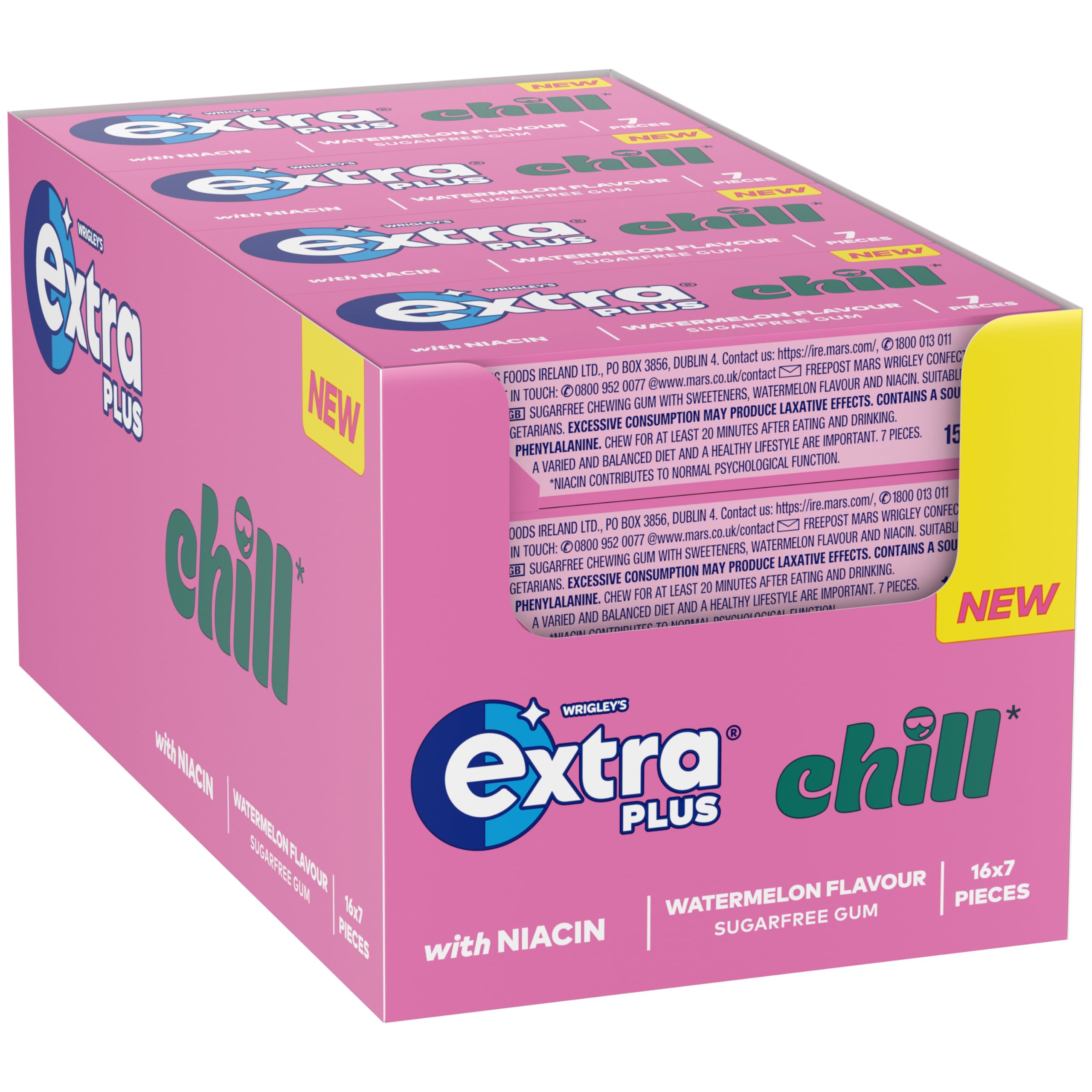 Extra Plus Chill Sugar Free Chewing Gum - Watermelon Flavor, Niacin Infused | 16 Packs (112 Total Pieces) 1