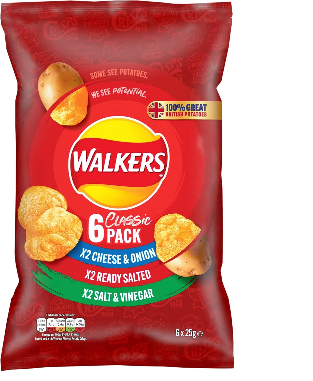Walkers Classic Variety Multipack Crisps 6x25g - Ready Salted, Cheese & Onion, Salt & Vinegar 7