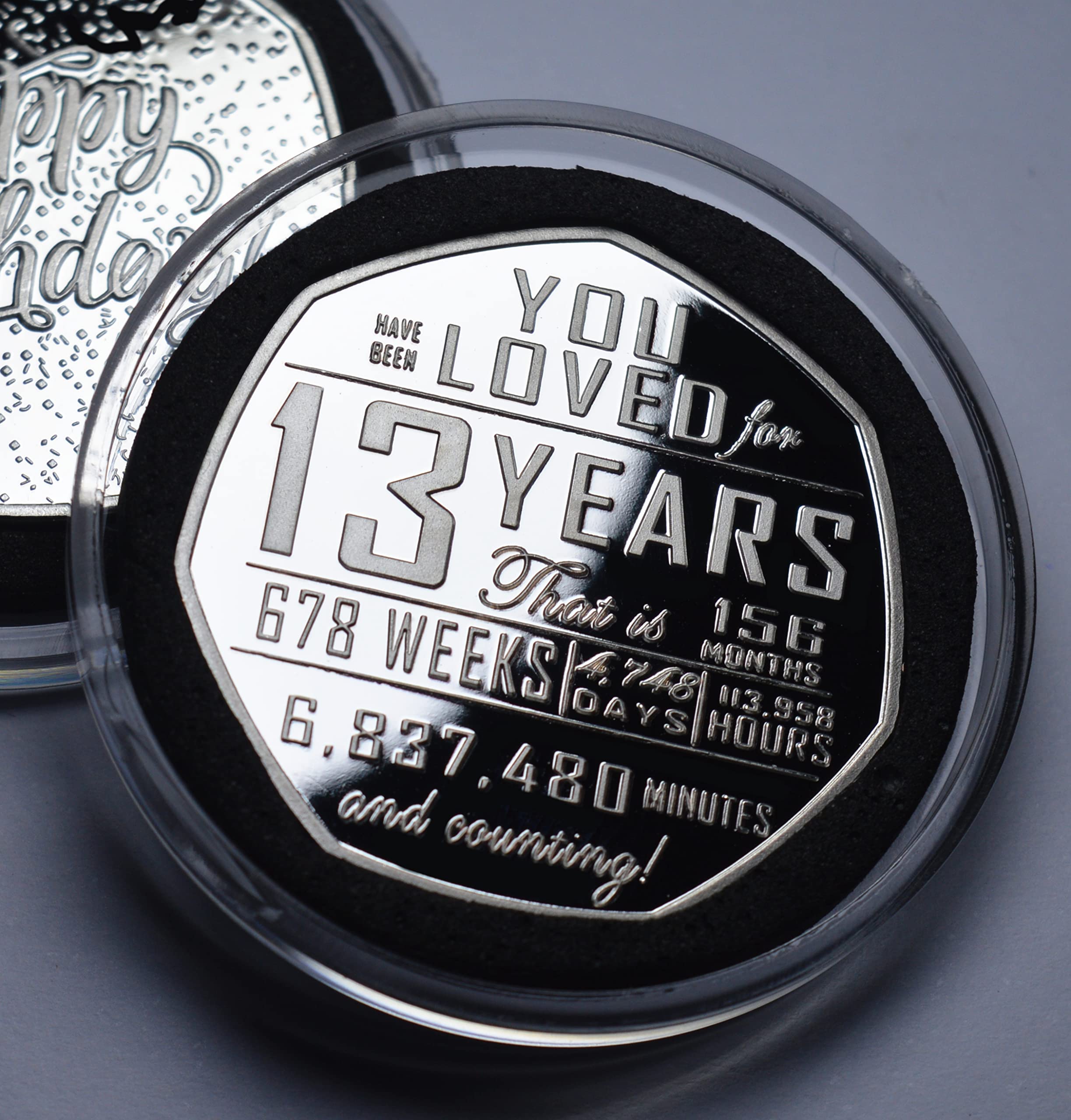 13th Birthday Silver Commemorative Coin - .999 Silver Plated, 27mm Diameter in Capsule