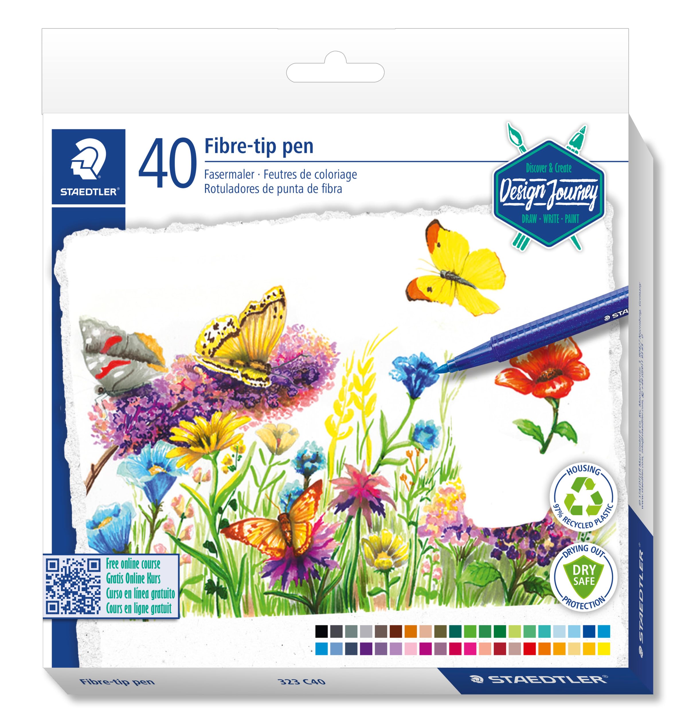 STAEDTLER Design Journey Fibre-Tip Pens - 40 Assorted Colours | Ergonomic Grip | DRY SAFE