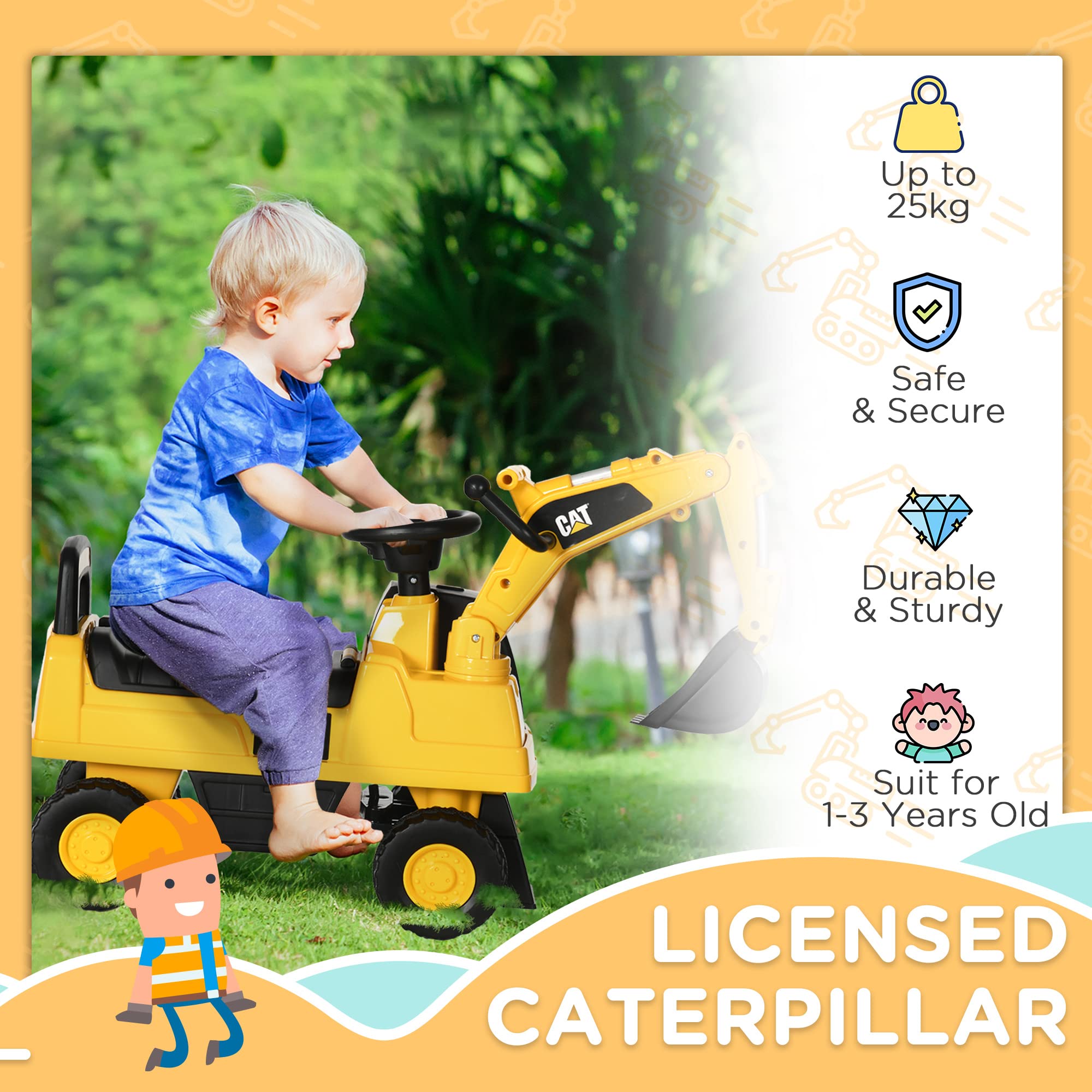 HOMCOM CAT Licensed Kids Ride-On Digger Toy | Foot-Powered | Ages 1-3 Years | Max Load 25kg 3