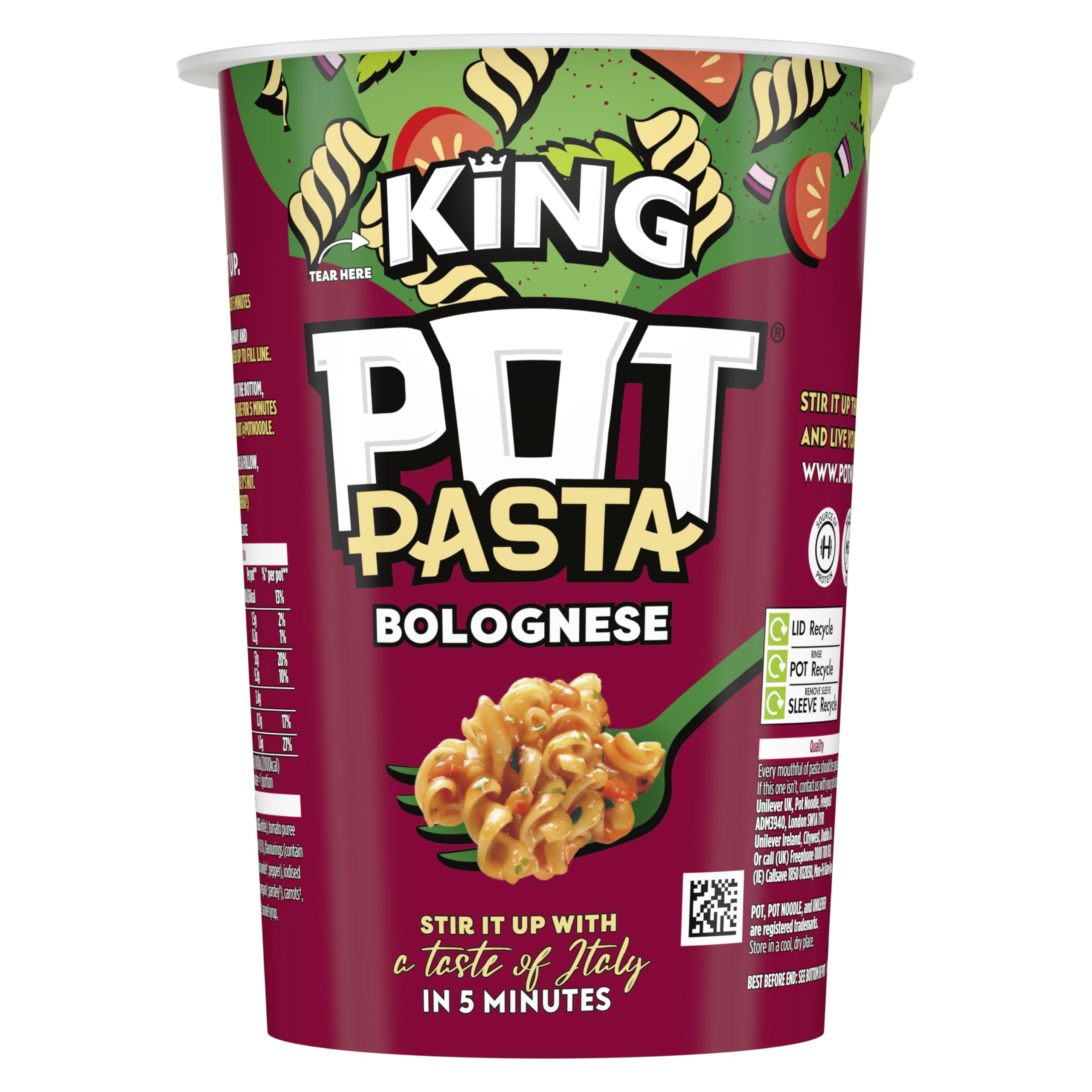 Pot Noodle King Pot Pasta Bolognese Instant Hot Snack Pot | 73g Pack of 8 | Source of Protein