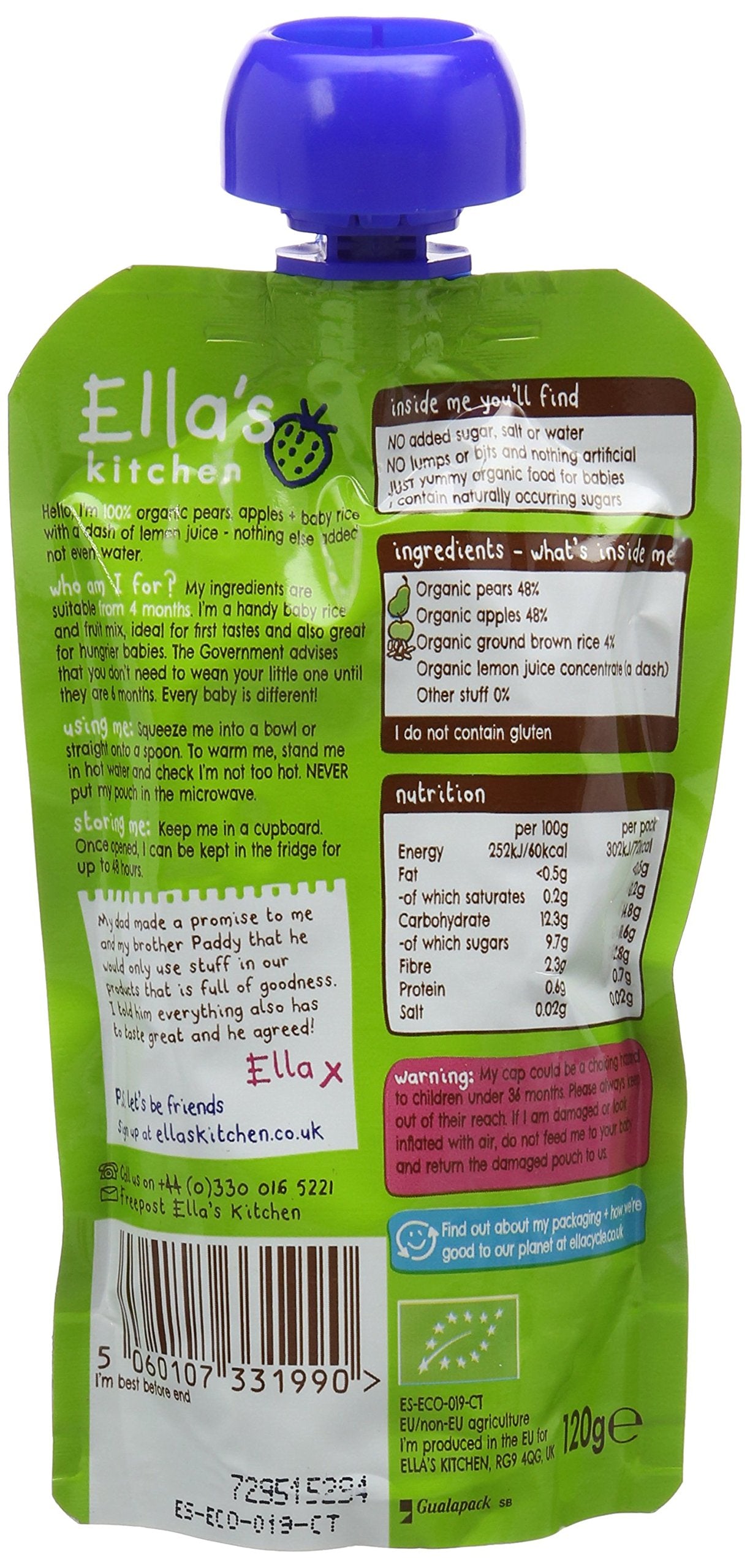 Ella's Kitchen Organic Pears Apple and Baby Rice Fruit Pot | 120g