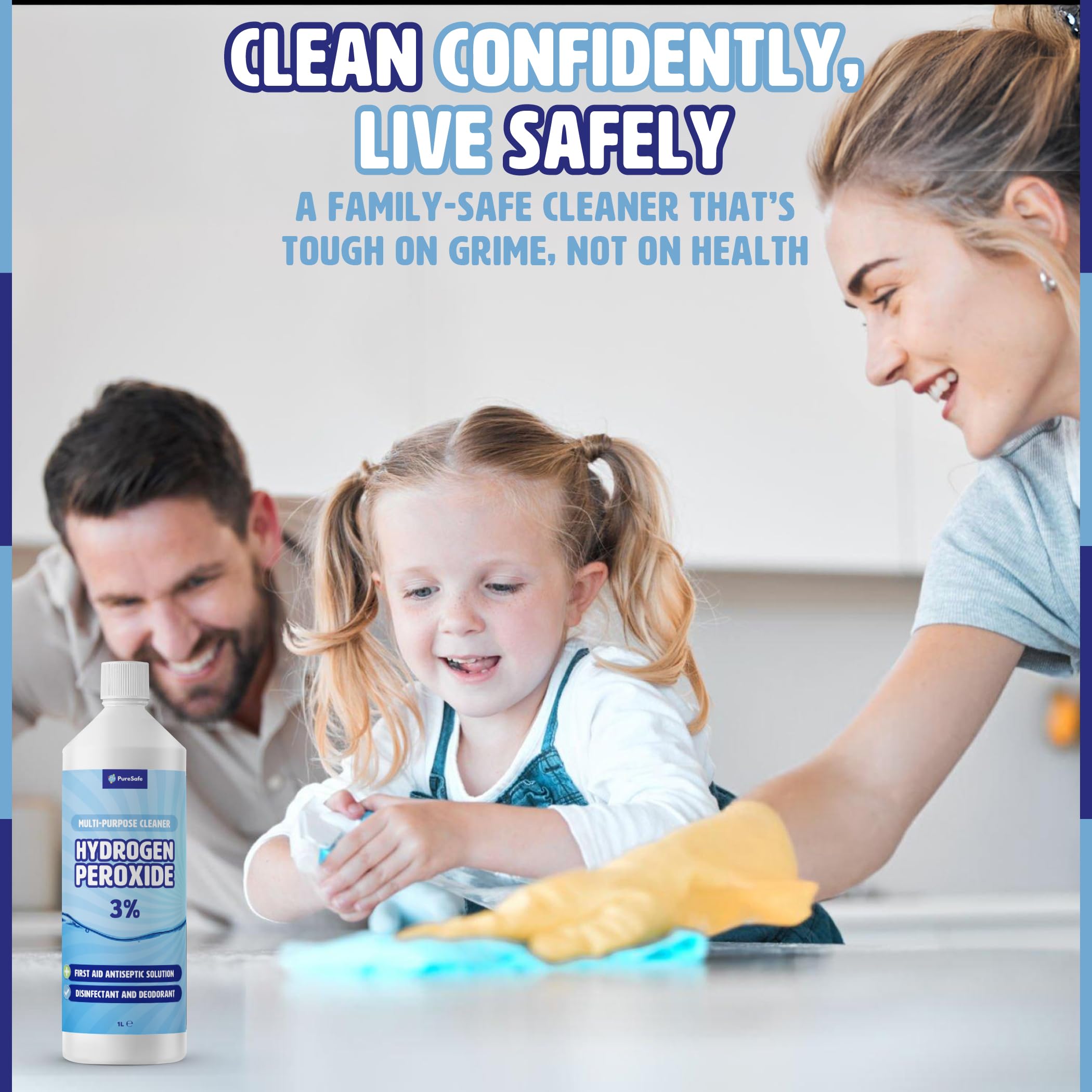 Pure Safe - Hydrogen Peroxide 3% Solution 1 Ltr – Multi-Purpose Household Cleaner 3