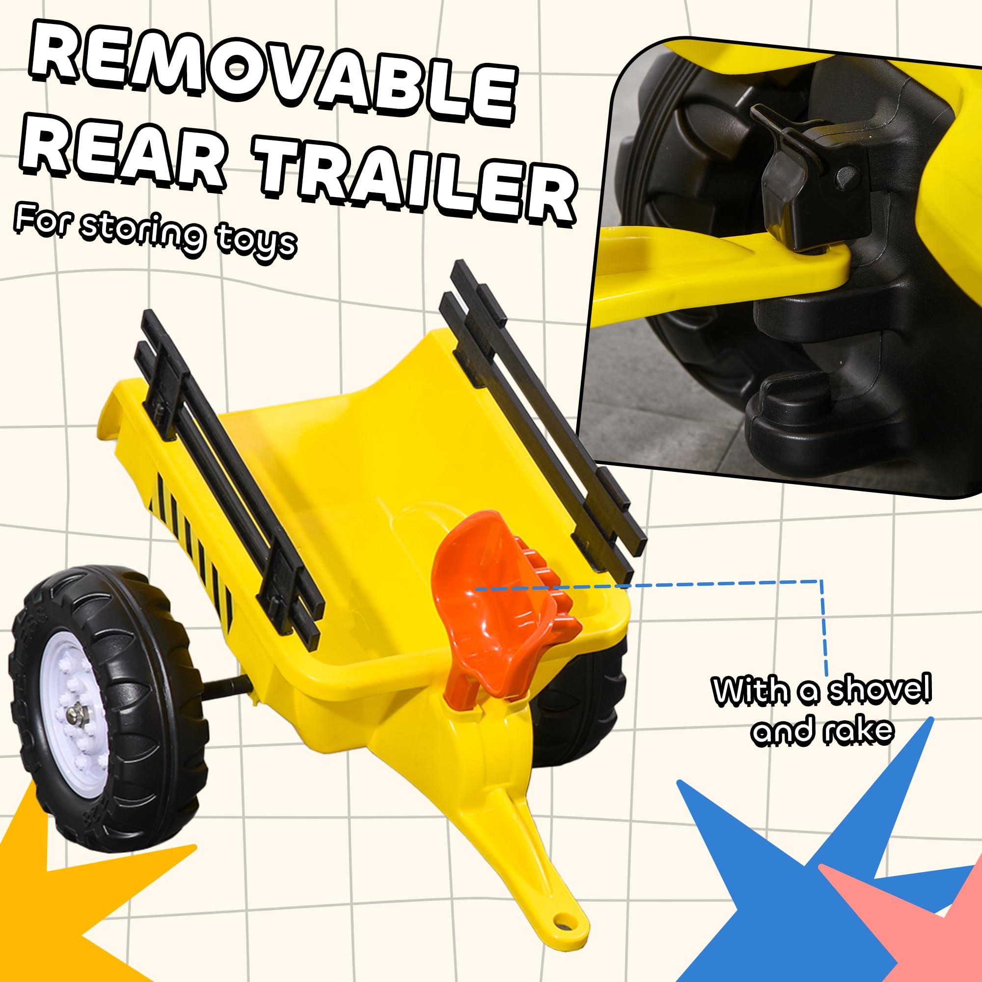 HOMCOM Kids Ride On Tractor with Trailer, Shovel & Rake | Manual Pedal Power | Ages 3+ 4