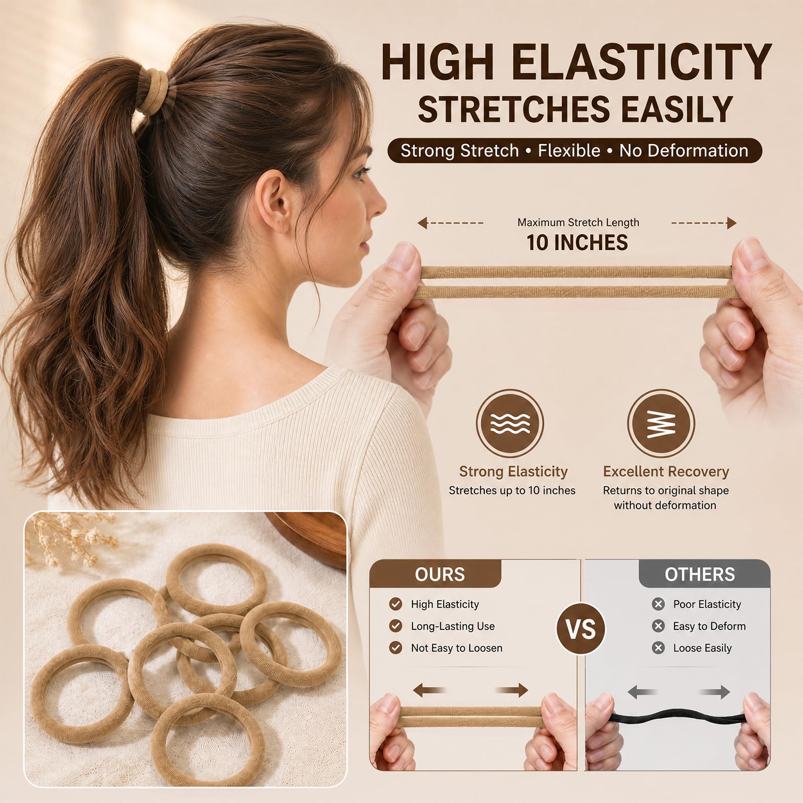 Admygo Elastic Hair Ties - 50 Pack Seamless Thick Hair Ties | High Elasticity | Light Brown 4