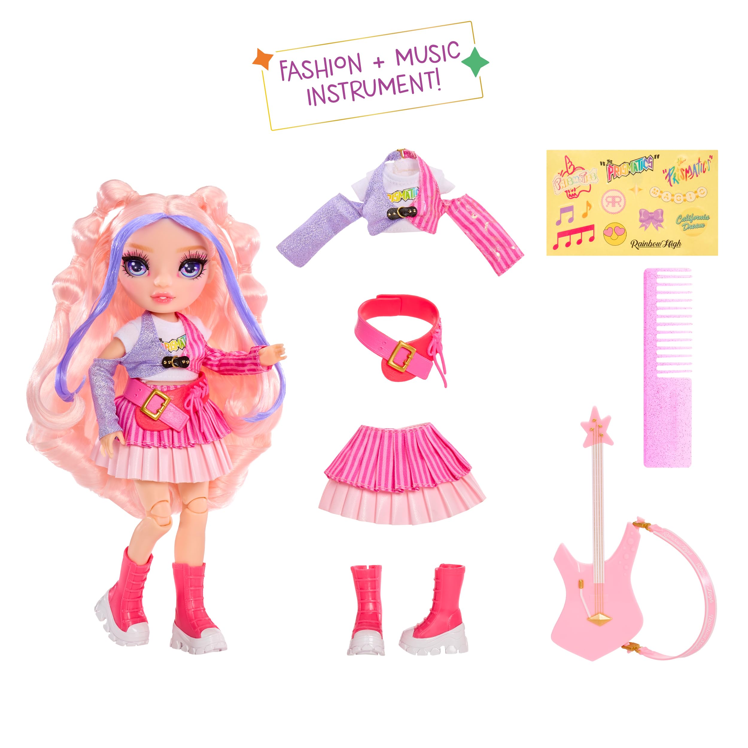 Rainbow High Junior High Rock Band - Bella Pink 23cm Fashion Doll with Bass Guitar & Stickers 8