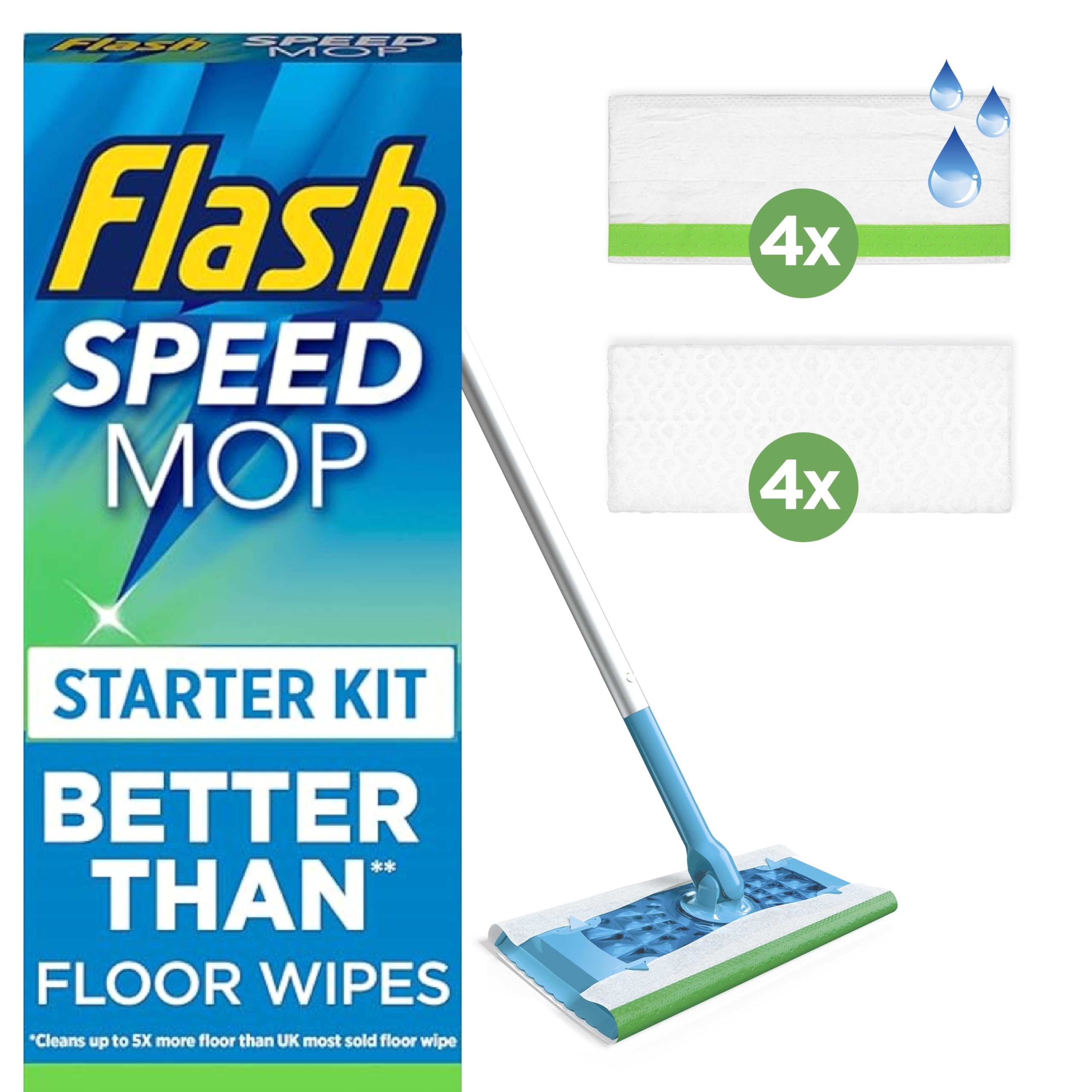 Flash Speedmop Floor Cleaner Starter Kit (1 Handle + 4 Wet & 4 Dry Refills) - Fast, Easy & Hygienic Cleaning for Hard Floors