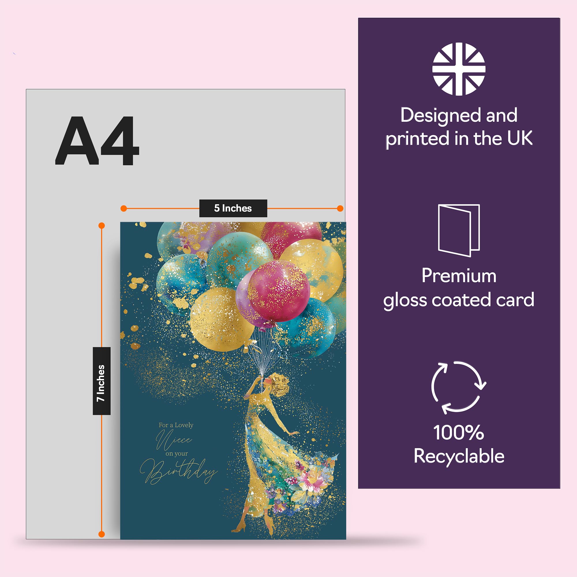 Giftzie Niece Birthday Card - Gold Silhouette Balloons | 127mm x 178mm | Uncoated Interior 5