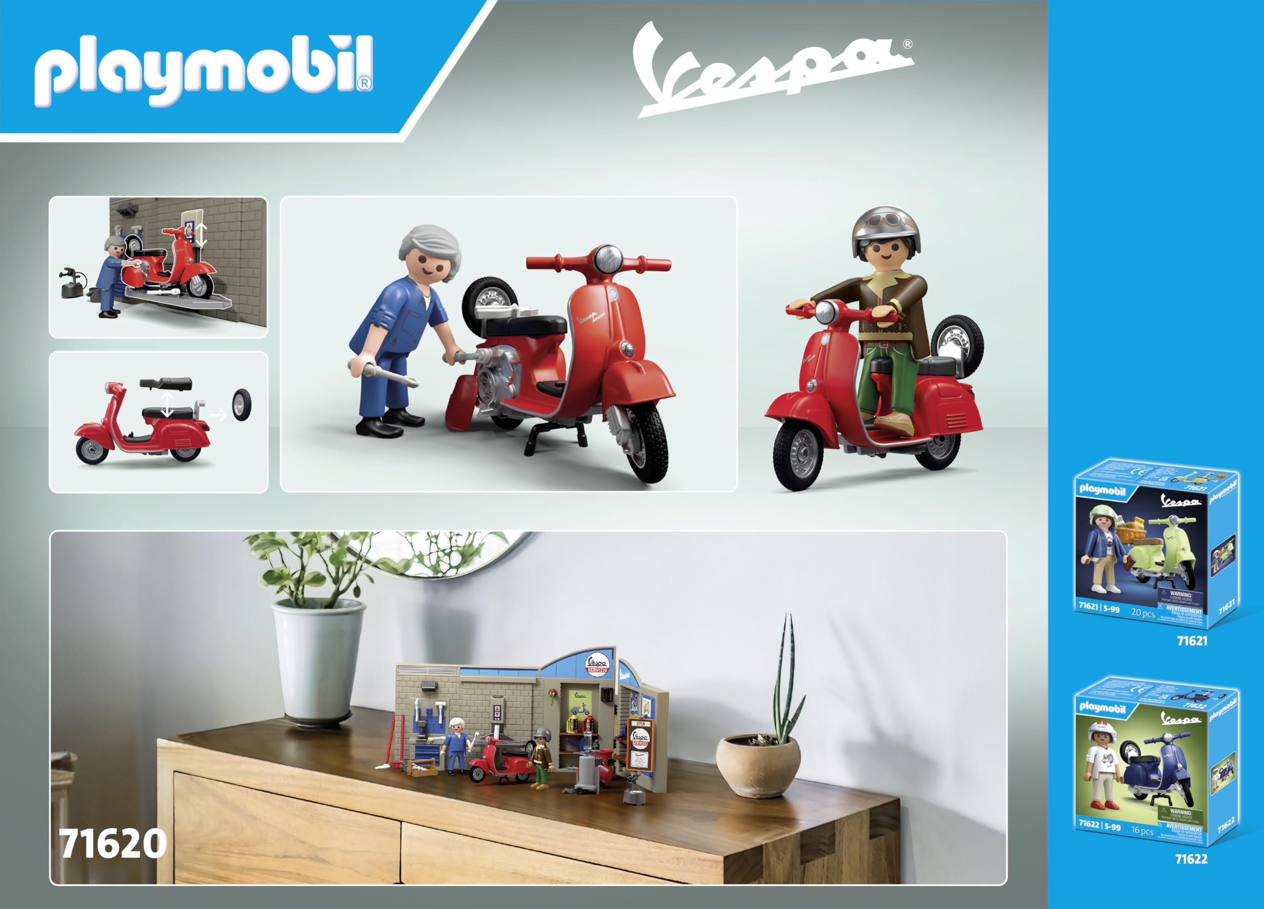 Playmobil 71620 Cars: 60s Vespa Garage Playset with Movable Lifting Platform 4
