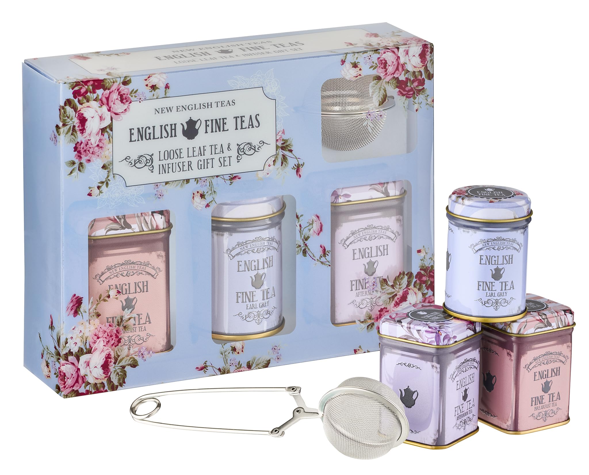 New English Teas Loose Leaf Black Tea Gift Set with Infuser | 3 Floral Tins | 70g