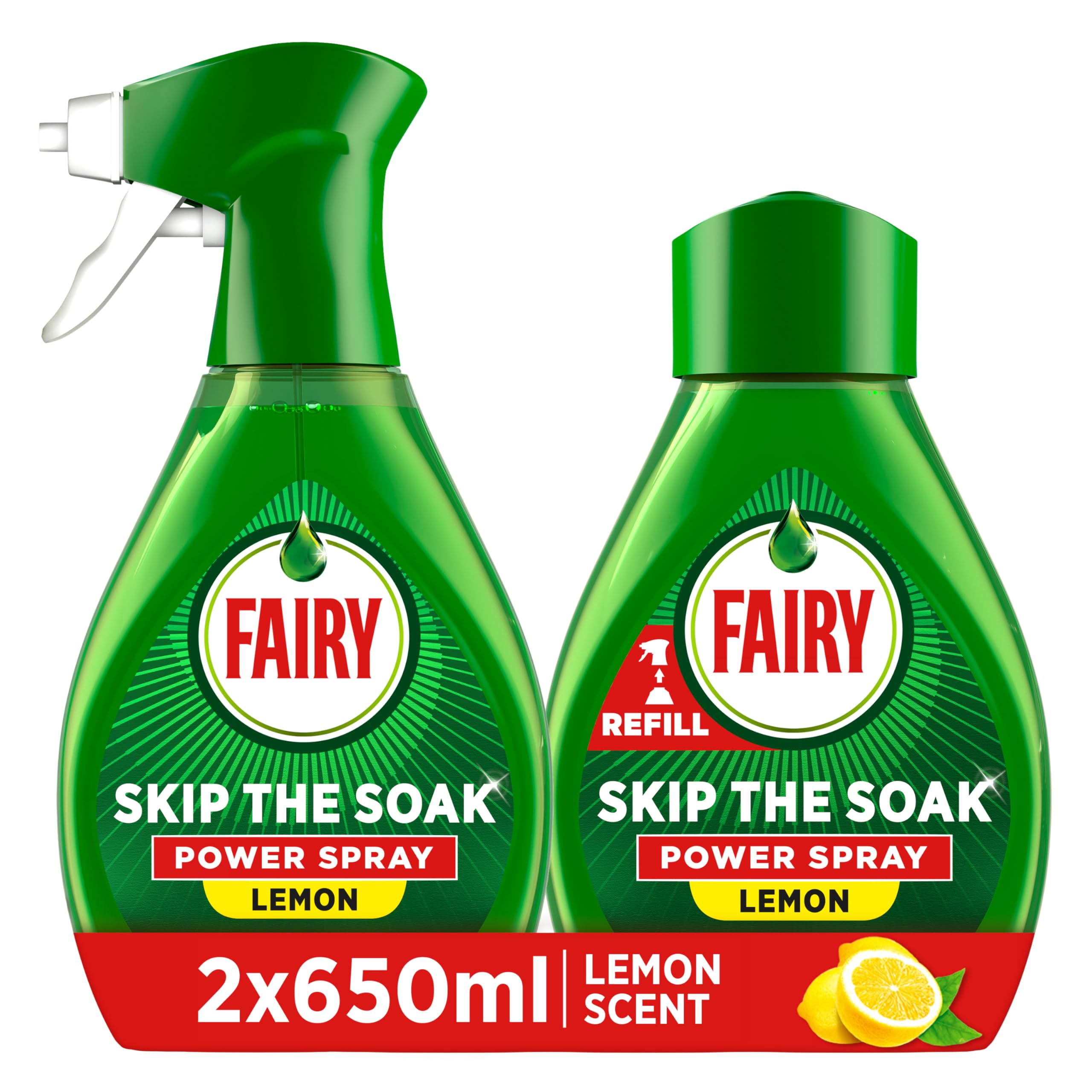 Fairy Skip the Soak Dish Power Spray + Refill Lemon 2x650ml Pre-Treatment