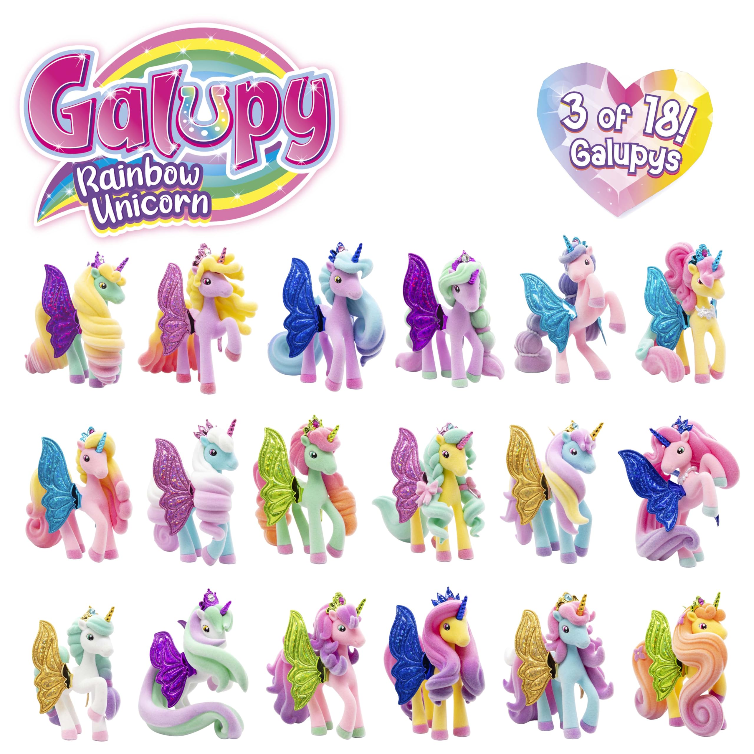 Galupy Rainbow Unicorn Toy Set - 3 Pack Collectable Figures with Swarovski Crystals