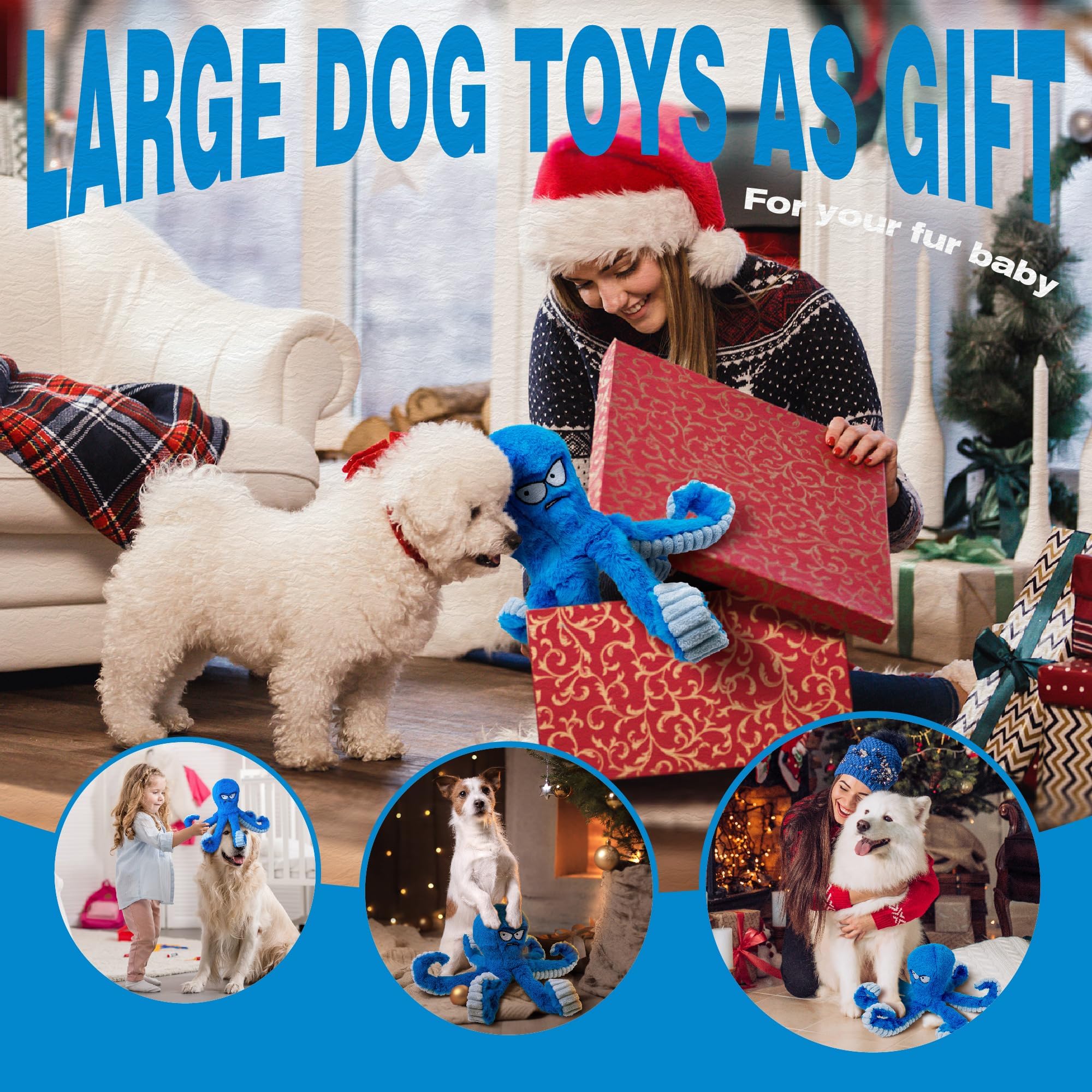 LEGEND SANDY Tough Squeak Dog Toy - Heavy Duty, Waterproof Lining, Blue Octopus for Aggressive Chewers 7