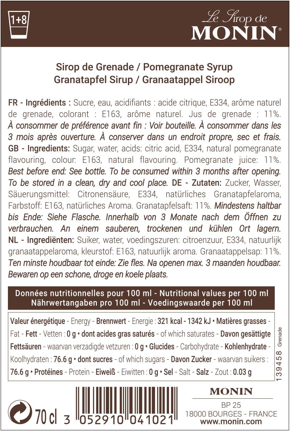 Monin Pomegranate Syrup 700ml Glass Bottle 6