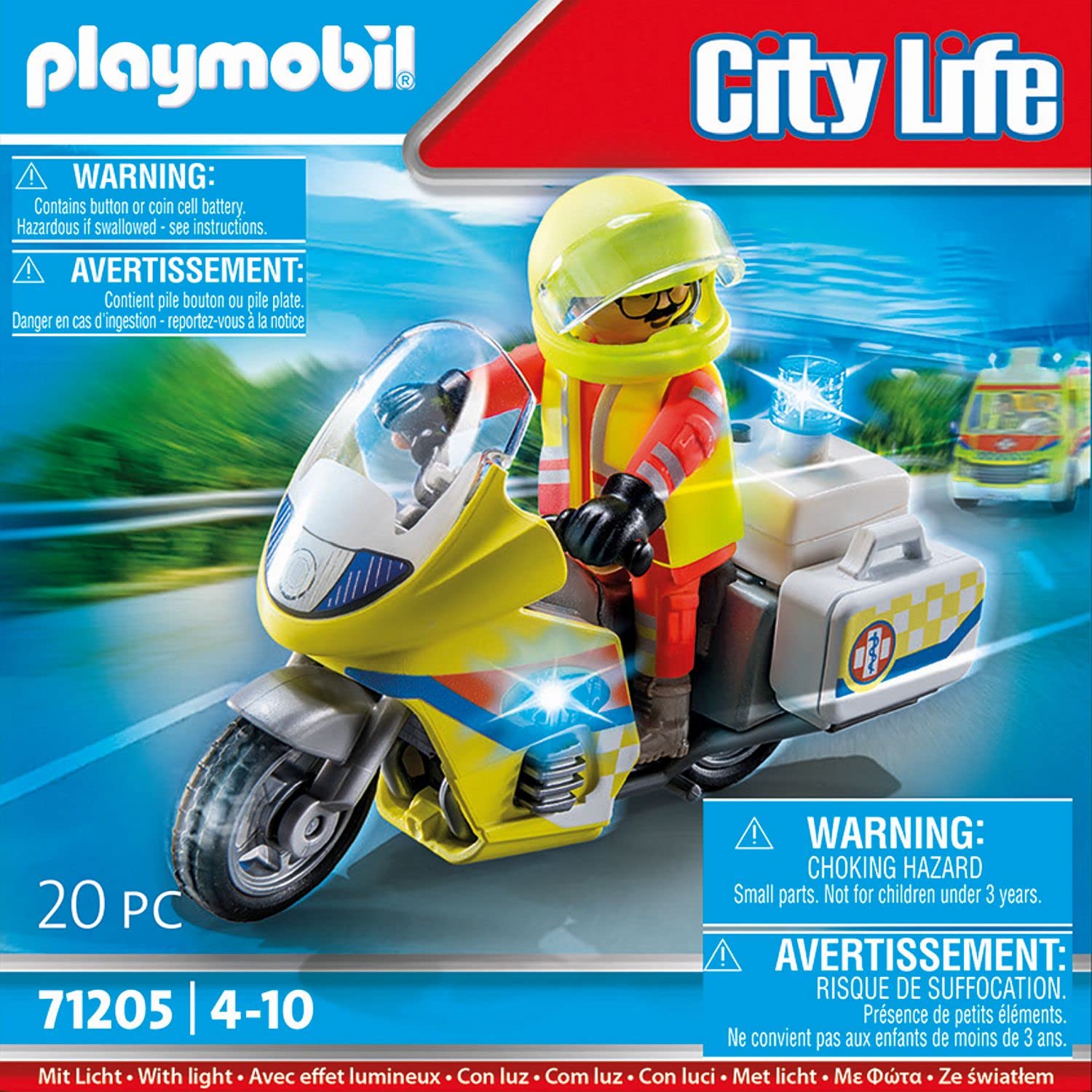 Playmobil 71205 Rescue Emergency Motorcycle with Flashing Lights - Action Figure Playset for Kids 4+ 5