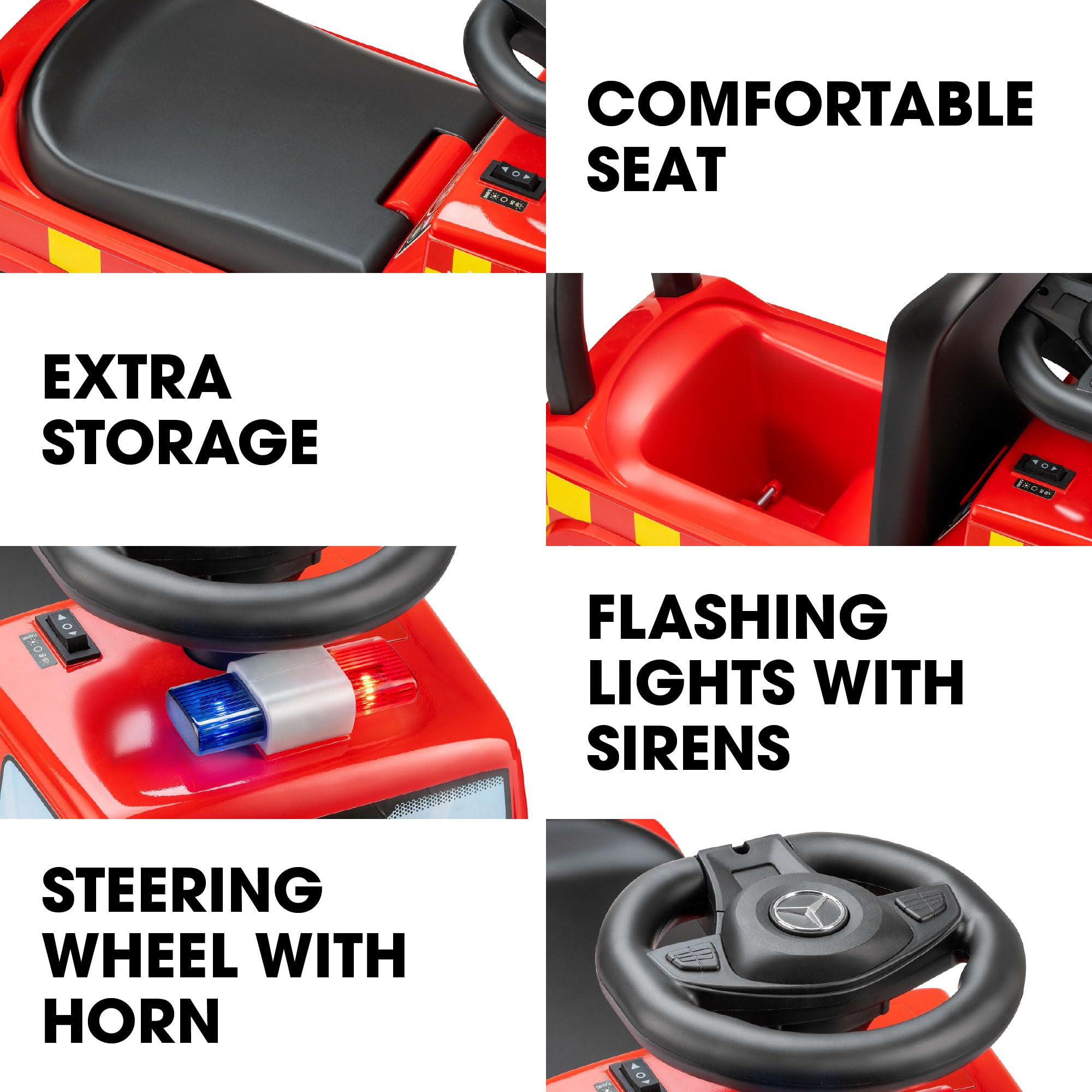 Xootz Mercedes-Benz Fire Engine Foot to Floor Ride On - Red Manual Ride-On Toy for Kids 6