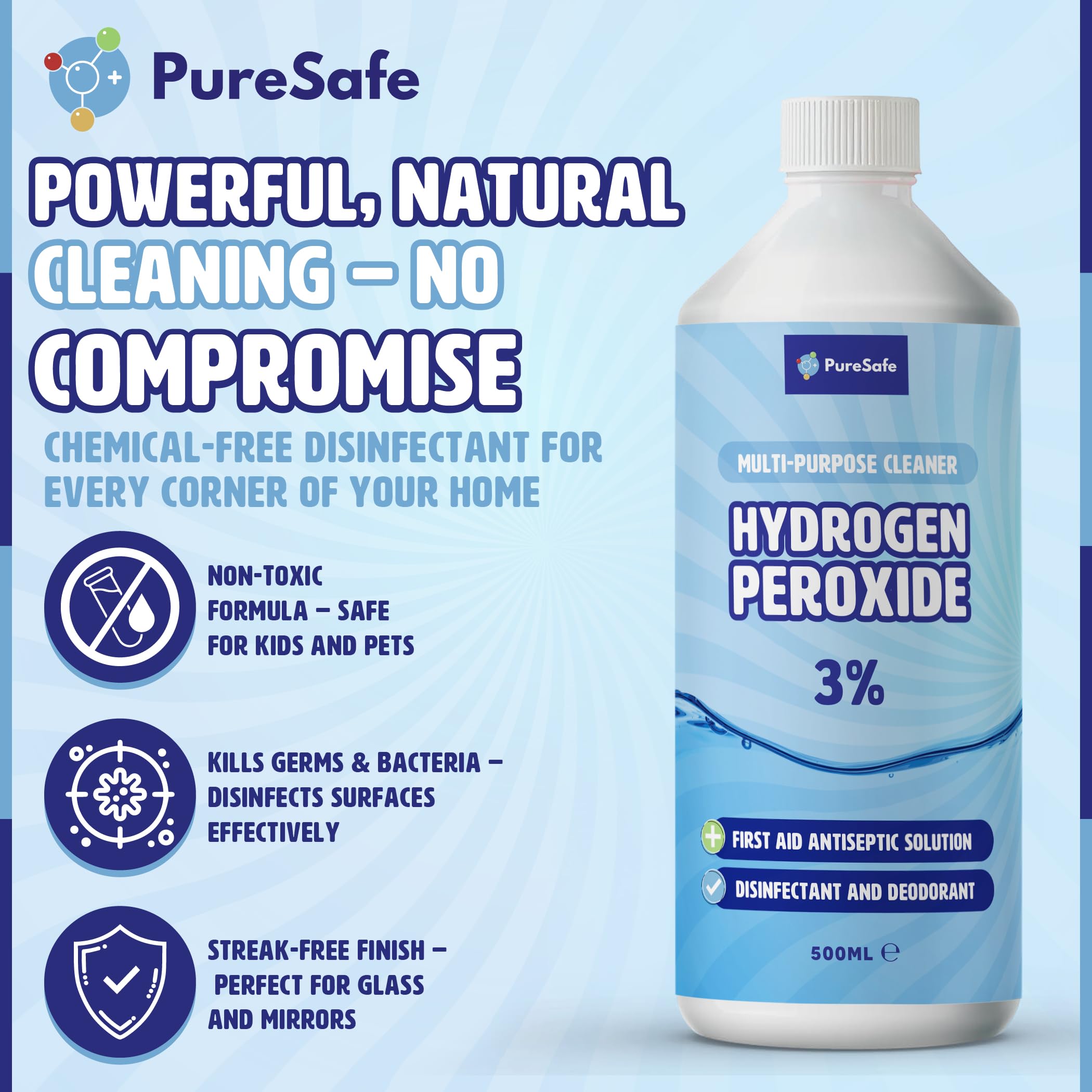 Pure Safe - Hydrogen Peroxide 3% Solution 500ml – Multi-Purpose Disinfectant Cleaner 4