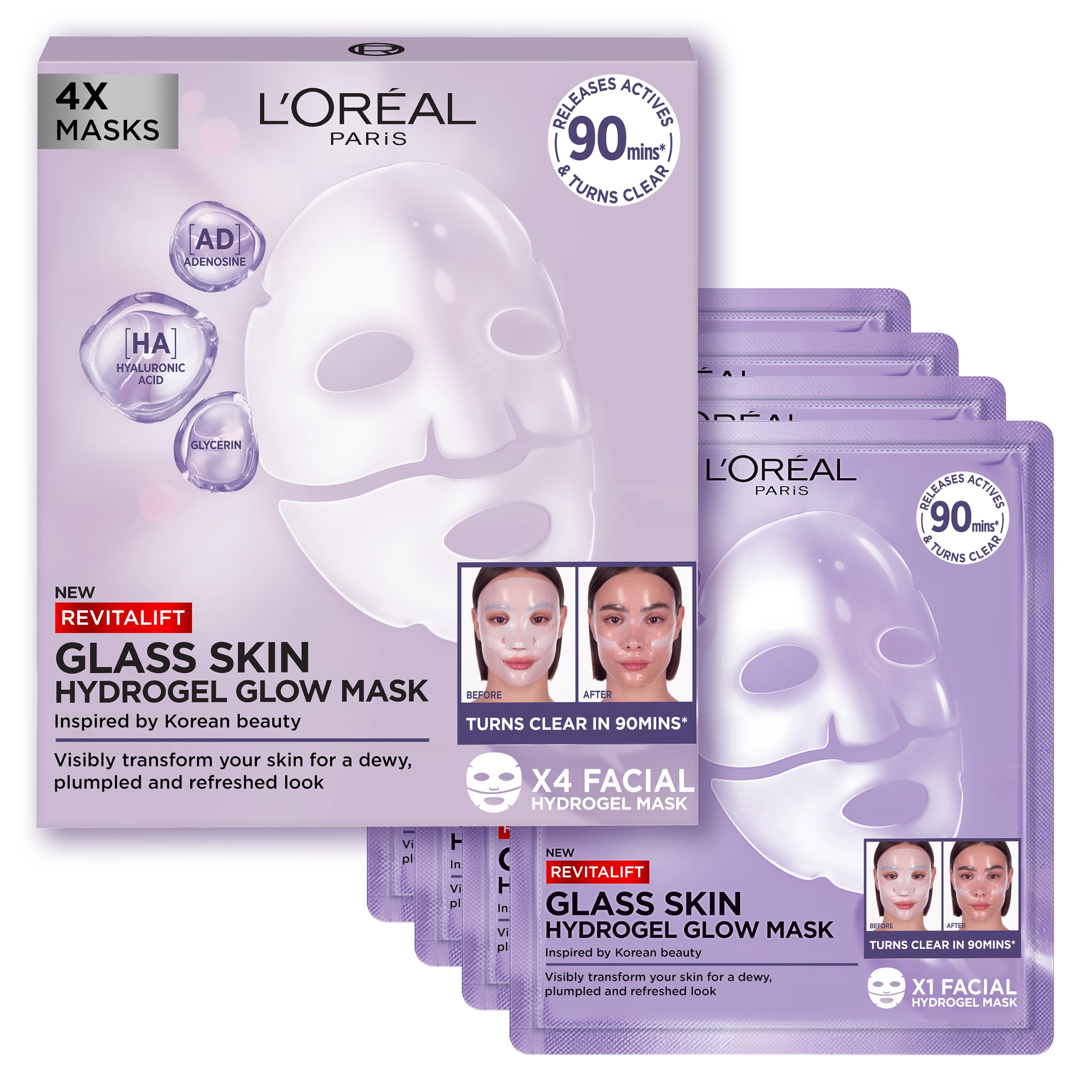 L'Oreal Paris Revitalift Filler Hydrogel Glow Mask - Glass Skin, Hydrating, Plumping Treatment (4 Pack) 1