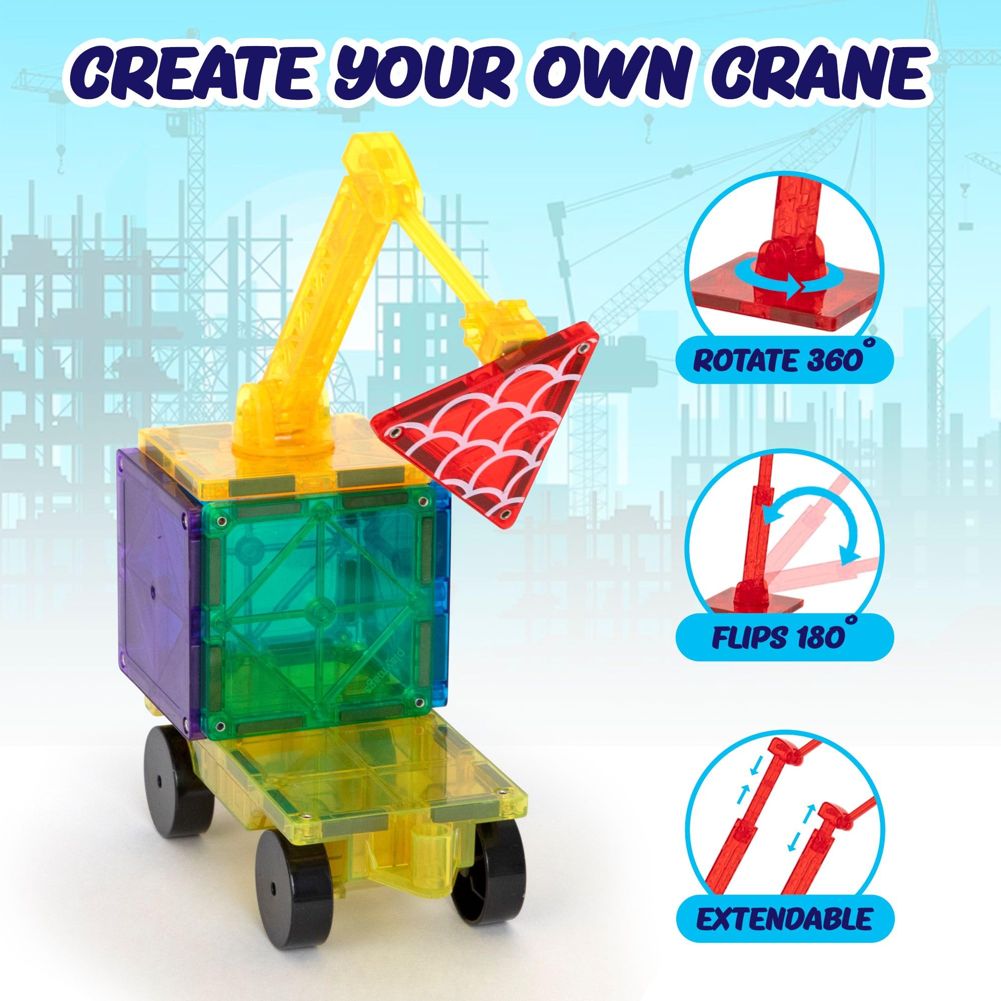 Playmags52-Piece City Construction Magnetic Tiles Set - STEM Building Toy for Kids3+ 10