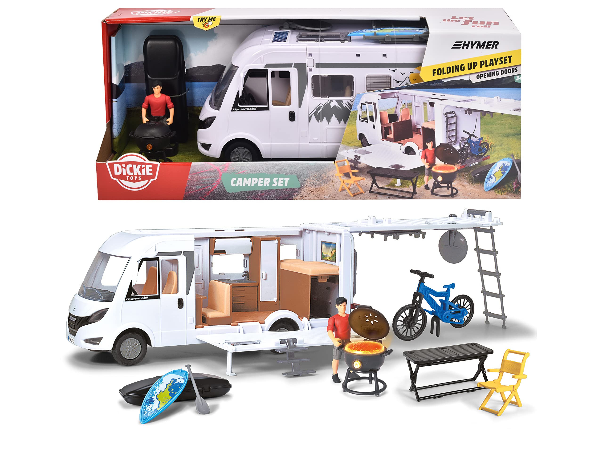 Dickie Toys 203837021 Caravan Playset - 30 cm Folding Camping Trolley with Lights & Accessories (White) 10