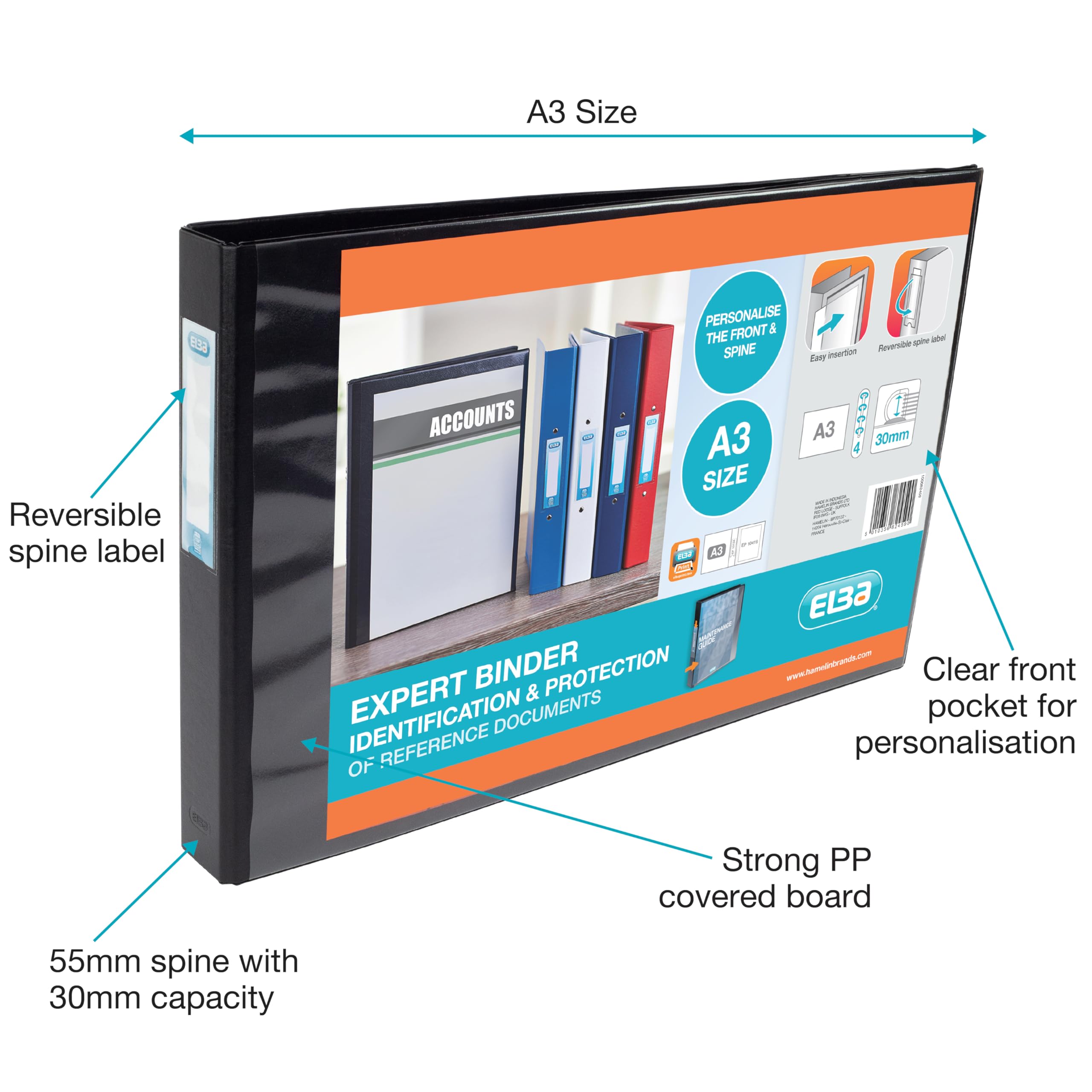 Elba A3 Landscape Padfolio Ring Binder - 4 D-Ring | 55mm Spine | 30mm Capacity | Black PVC 3