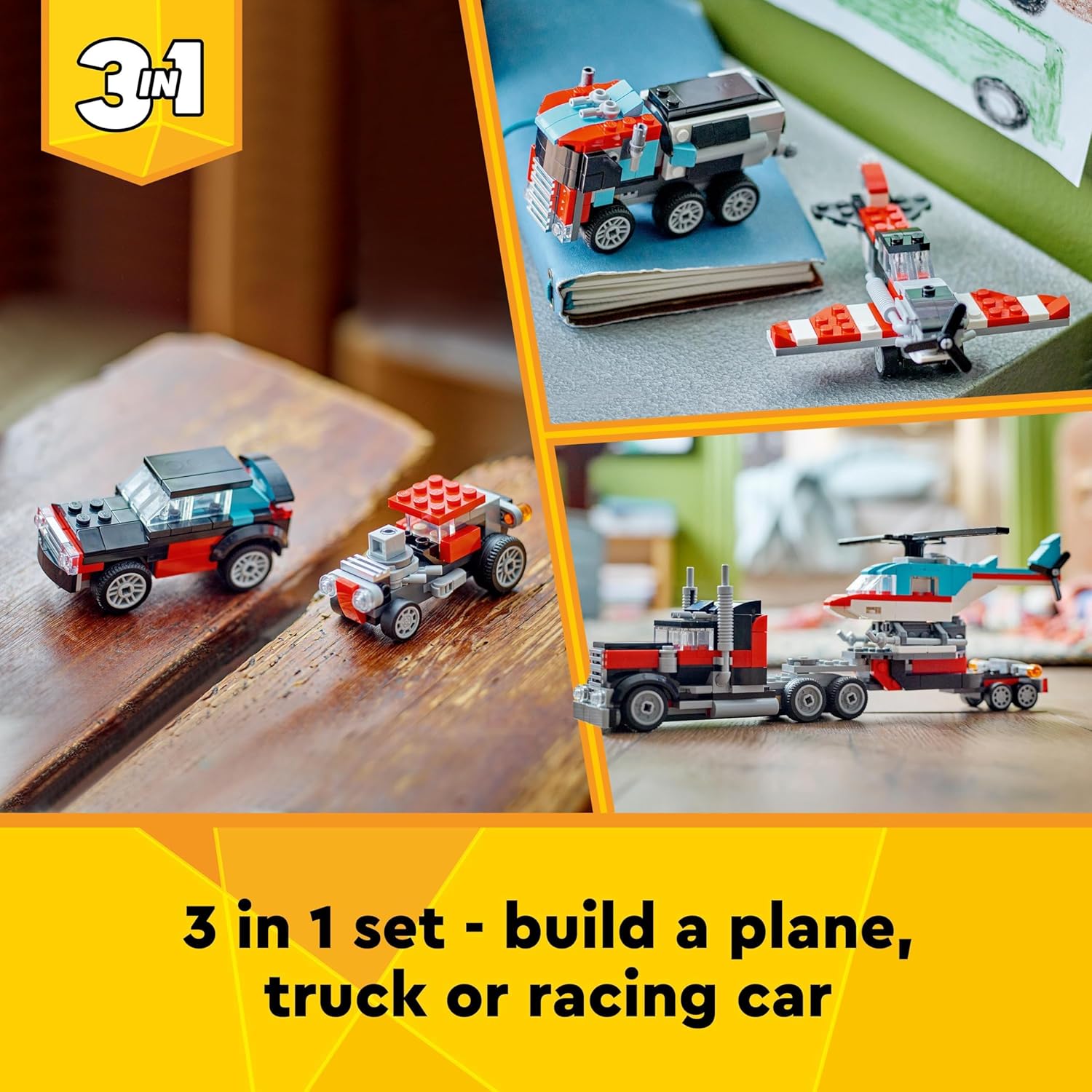 LEGO Creator 3in1 Flatbed Truck with Helicopter - 270 Piece Building Set for Ages 7+ 8