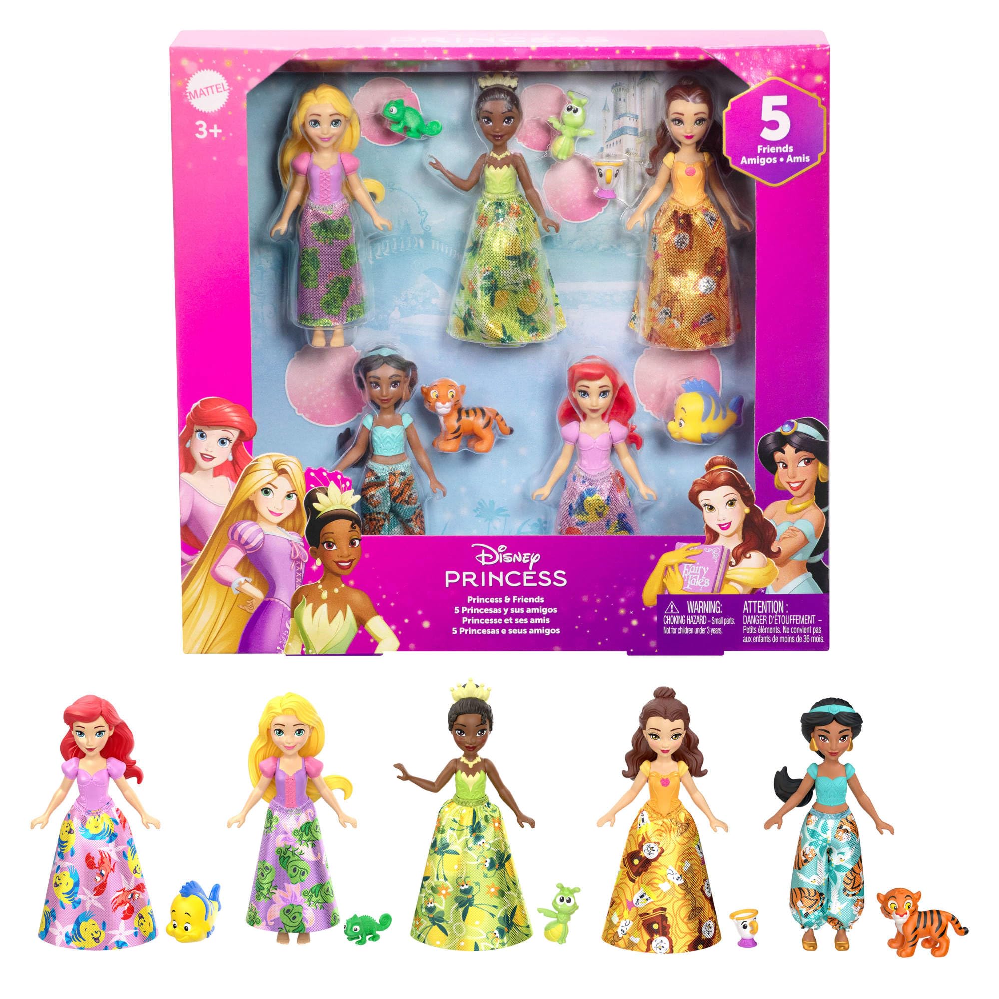 Mattel Disney Princess & Friends 5-Pack Doll Playset with Pposable Figures and Removable Skirts, JBL33