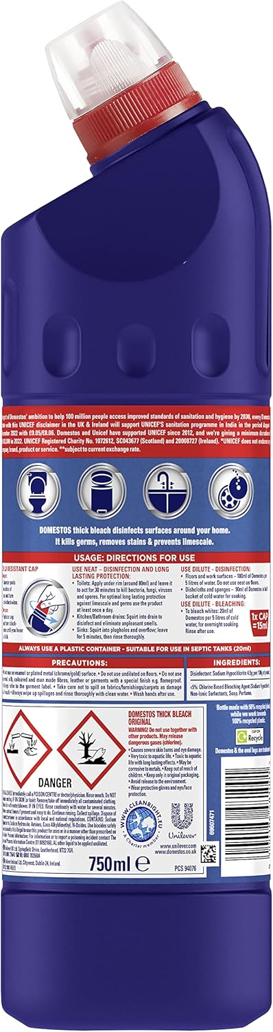 Domestos Original Thick Bleach 750ml - Toilet & Multi-Surface Cleaner 6