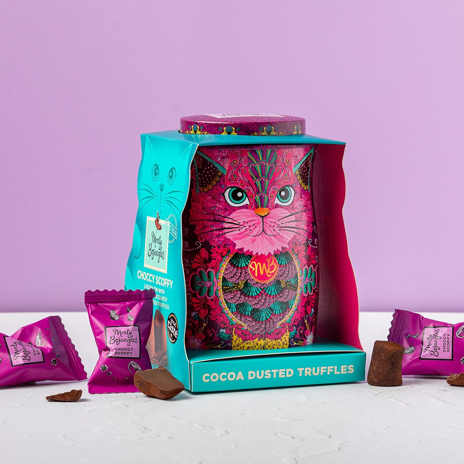 Monty Bojangles Choccy Scoffy Cat Tin - Cocoa Dusted Chocolate Truffles, Persian Pink Cat 3