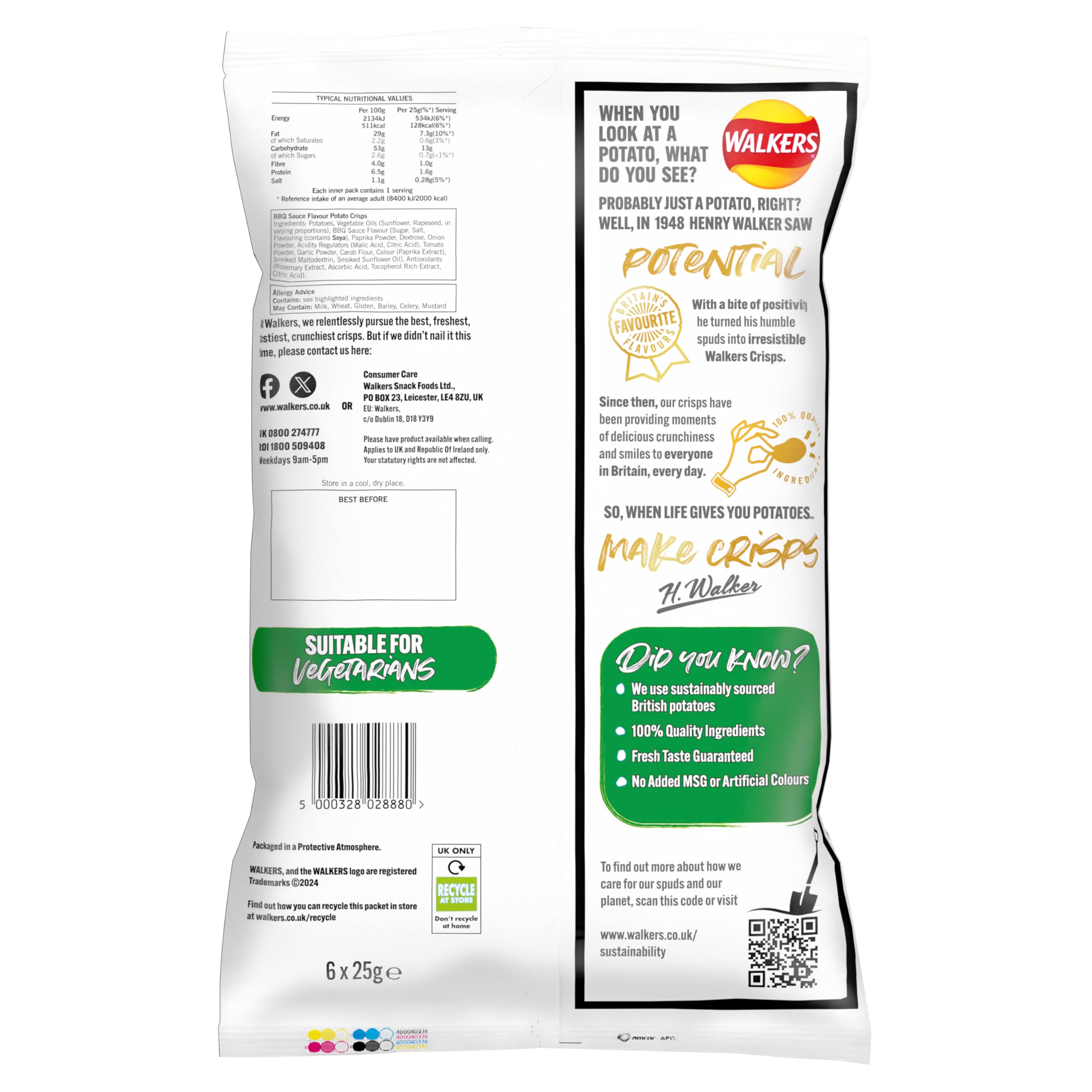 Walkers BBQ Sauce Flavour Crisps Multipack 6x25g 3