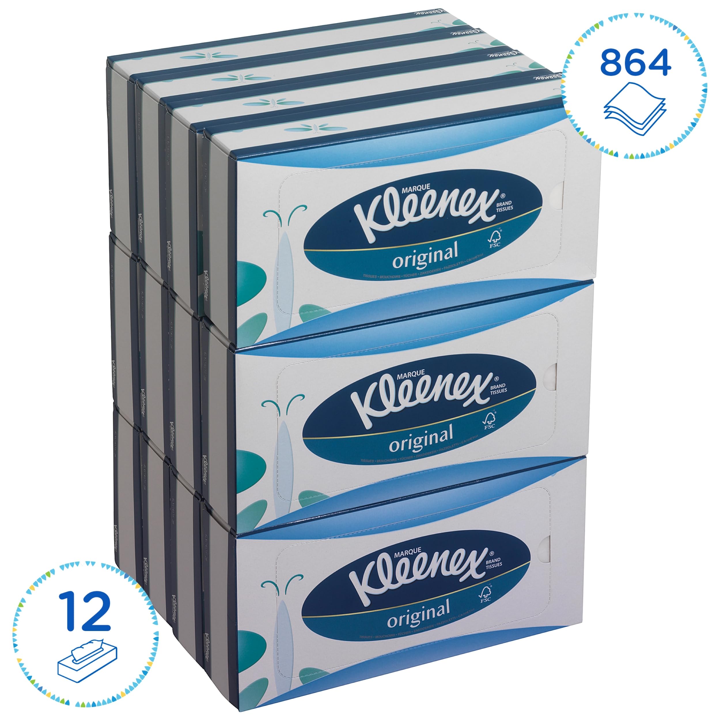 Kleenex Facial Tissues - 3-Ply Soft & Strong White Tissues | 12 Boxes of 72 Tissues