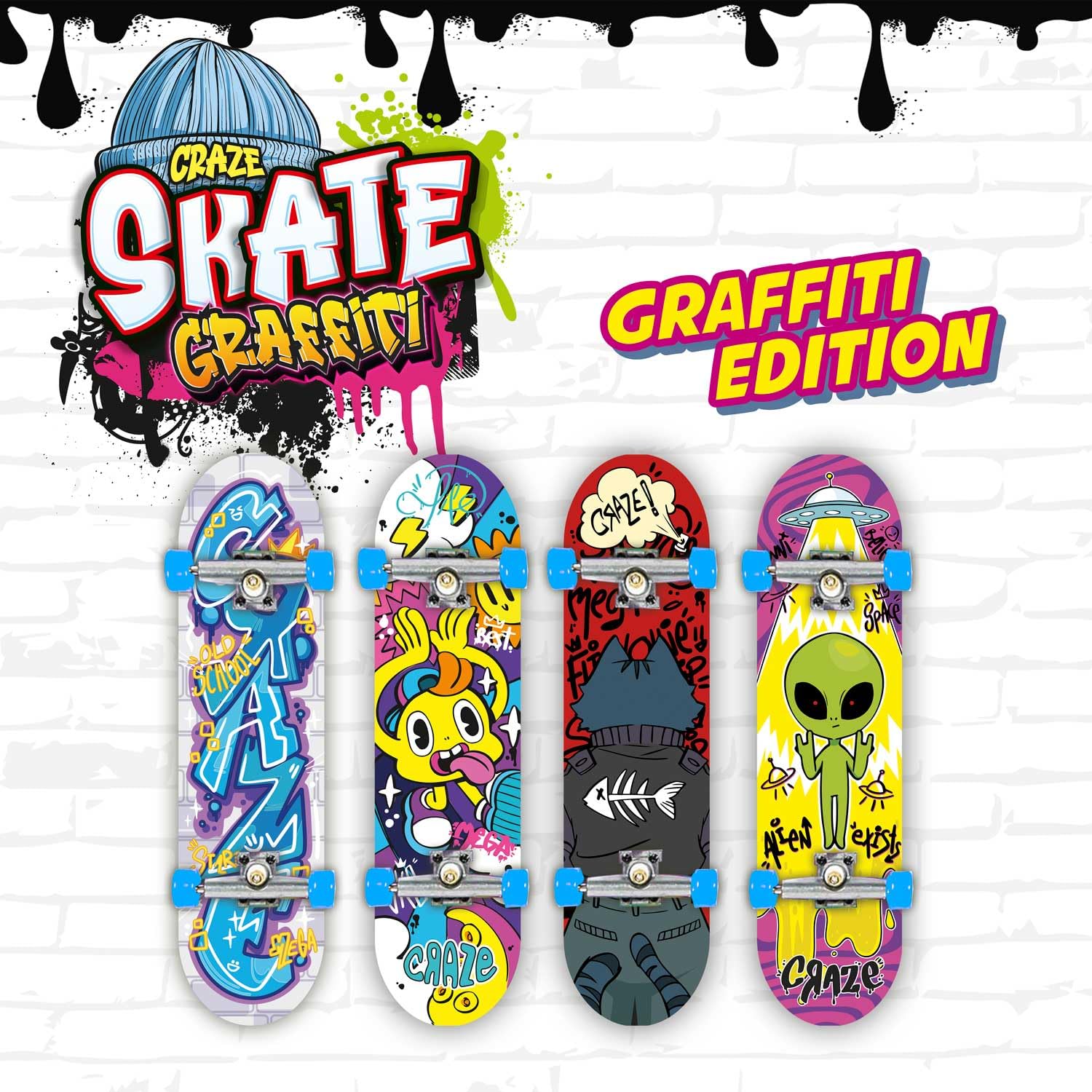 CRAZE SKATE Fingerboard Set Graffiti Edition - 4-Pack Mini Skateboards for Kids 9