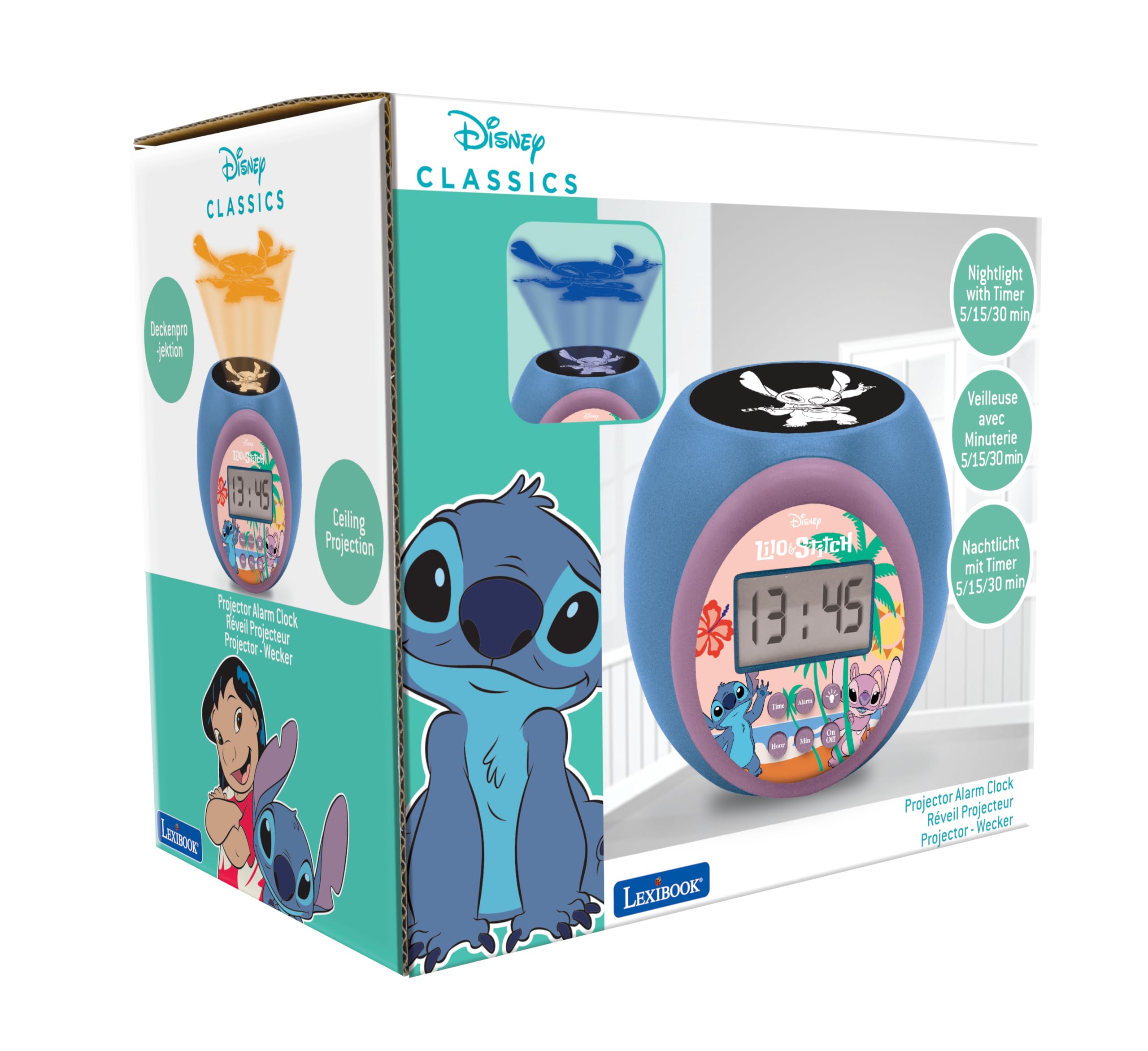 LEXIBOOK Disney Stitch Projector Alarm Clock with Snooze Function | Blue Plastic 7