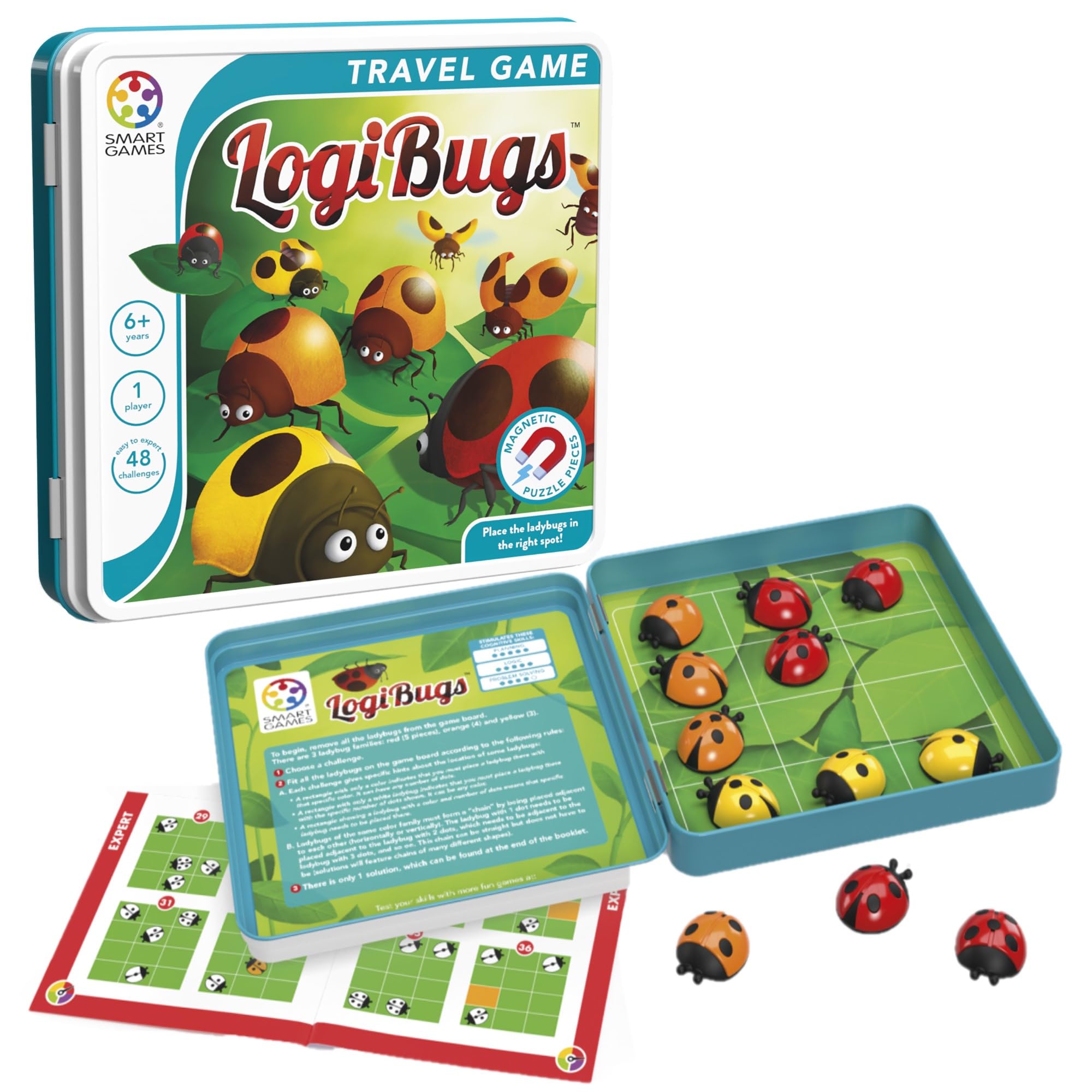 SmartGames Logibugs Magnetic Puzzle Game - 48 Challenges | Travel Tin | Ages 6+