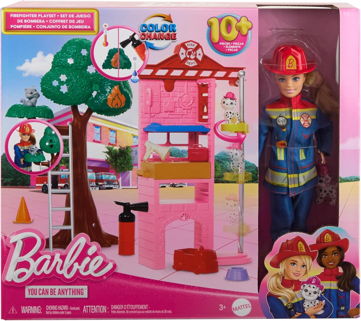 Barbie Careers Firefighter Doll & Playset with Fire Station, Tree, 2 Pets, 16-Piece Set for Kids 3+ 5