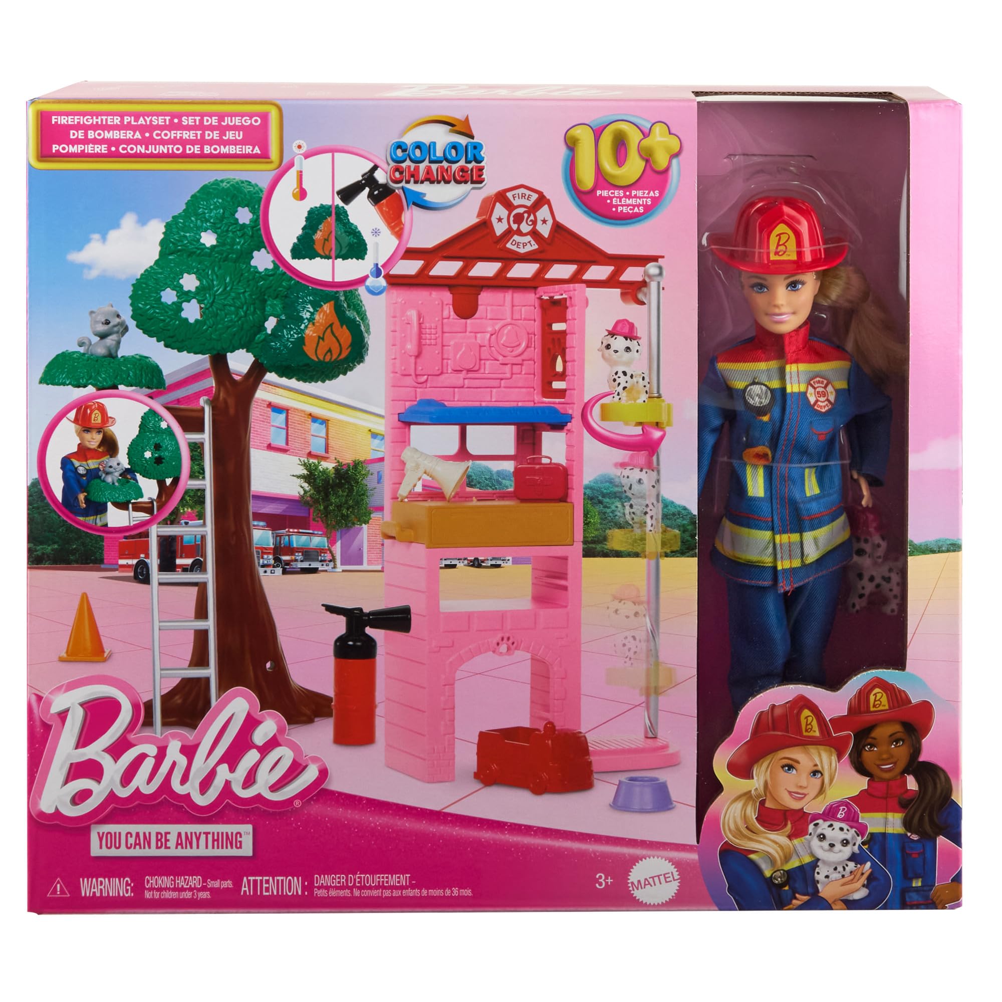 Barbie Careers Firefighter Doll & Playset with Fire Station, Tree, 2 Pets, 16-Piece Set for Kids 3+ 13