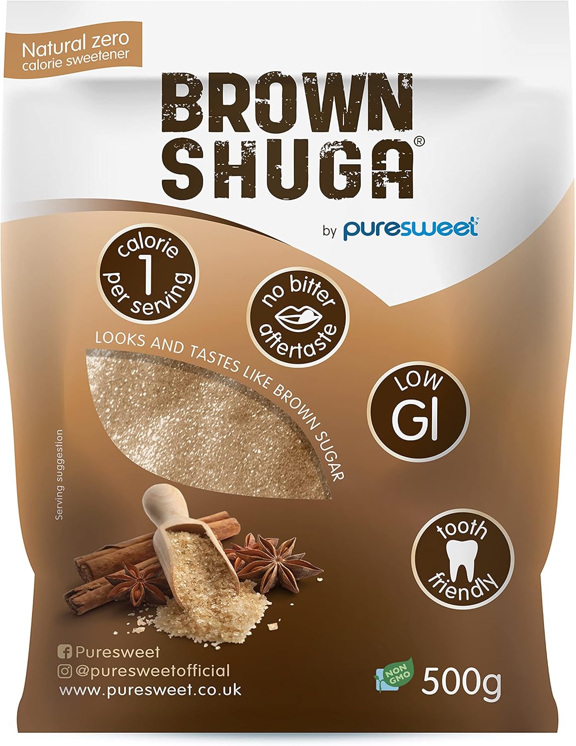 Brown Shuga® by Puresweet 500g - Natural Brown Sugar Alternative, No Bitter Aftertaste, Diabetic and Keto Friendly