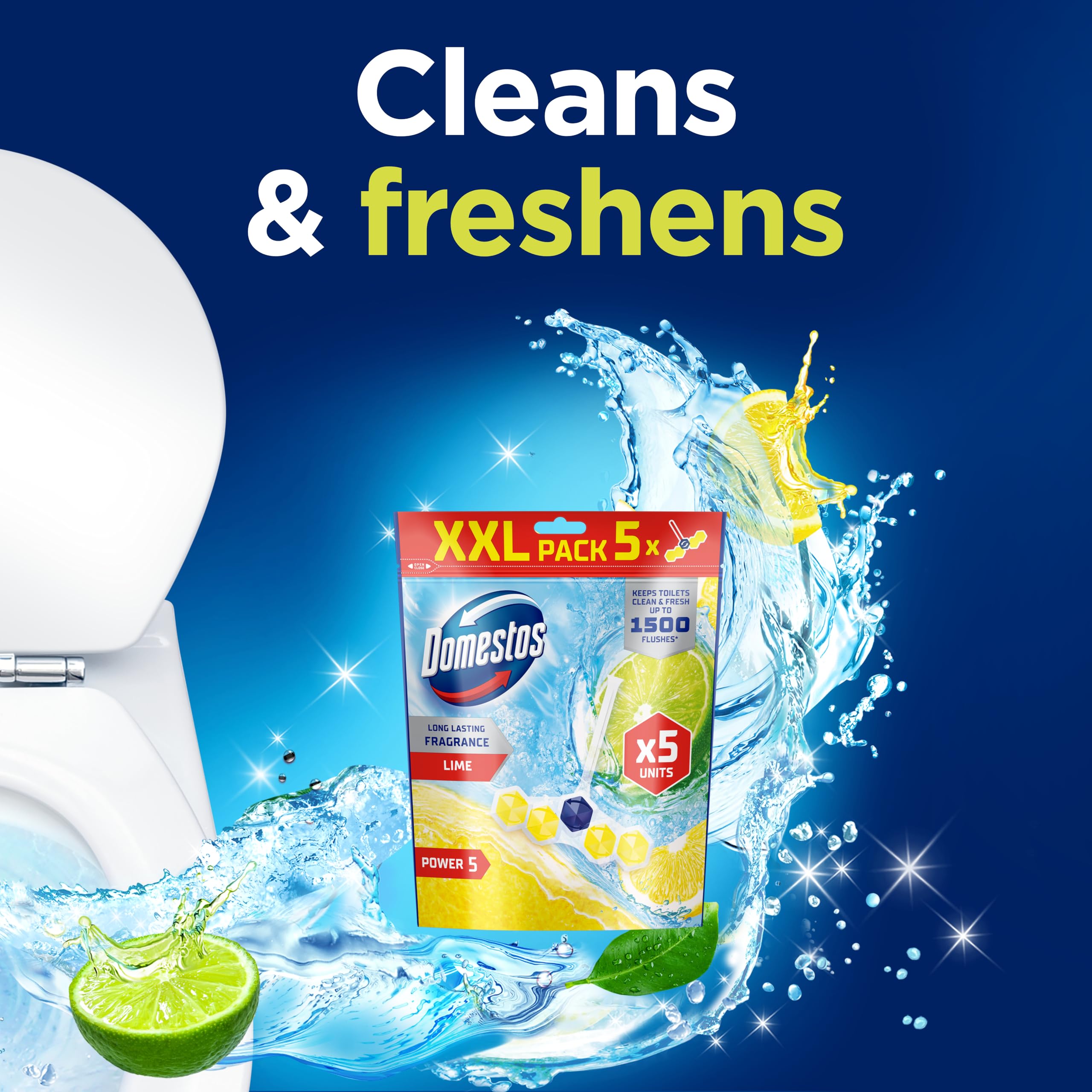 Domestos Power 5 Lime Toilet Rim Blocks - Long-Lasting Toilet Freshener for Up to 300 Flushes
