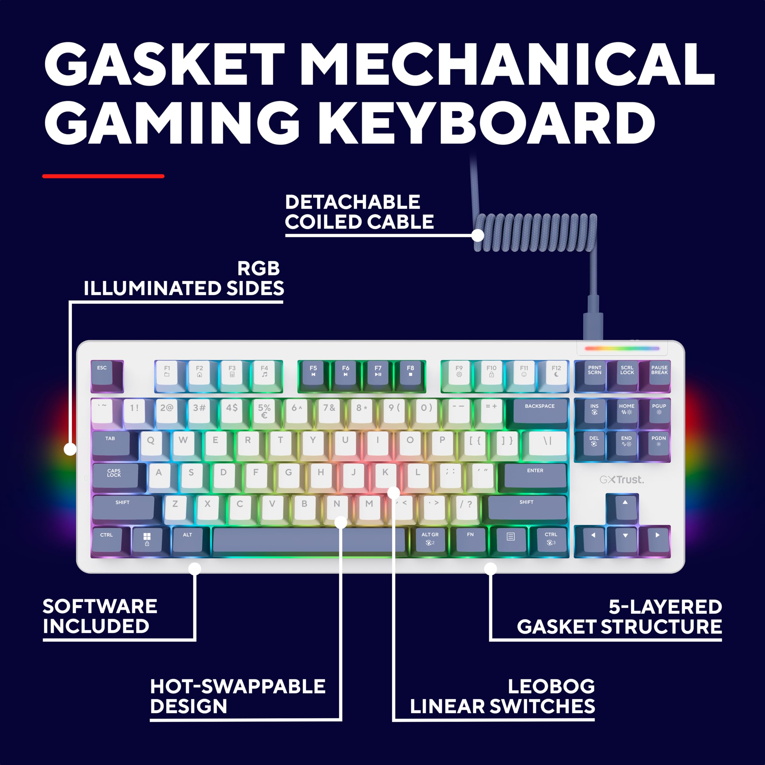 Trust Gaming GXTrust 872 Xyra TKL Mechanical Keyboard - Gasket Mount, Hot-Swappable, RGB Backlit, UK Layout 8