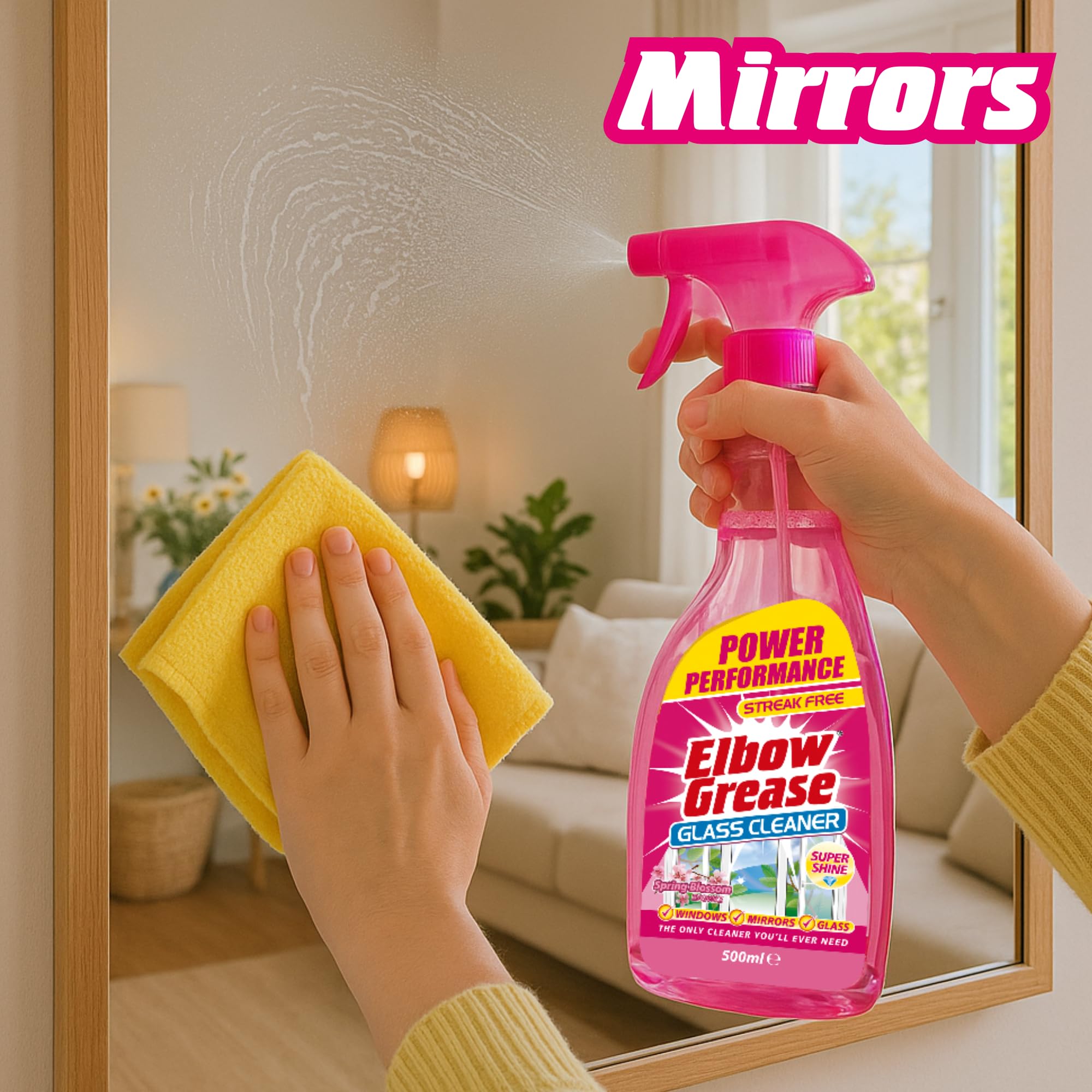 Elbow Grease Pink Glass Cleaner - 500ml Streak-Free Spray for Windows, Mirrors & Glass 8