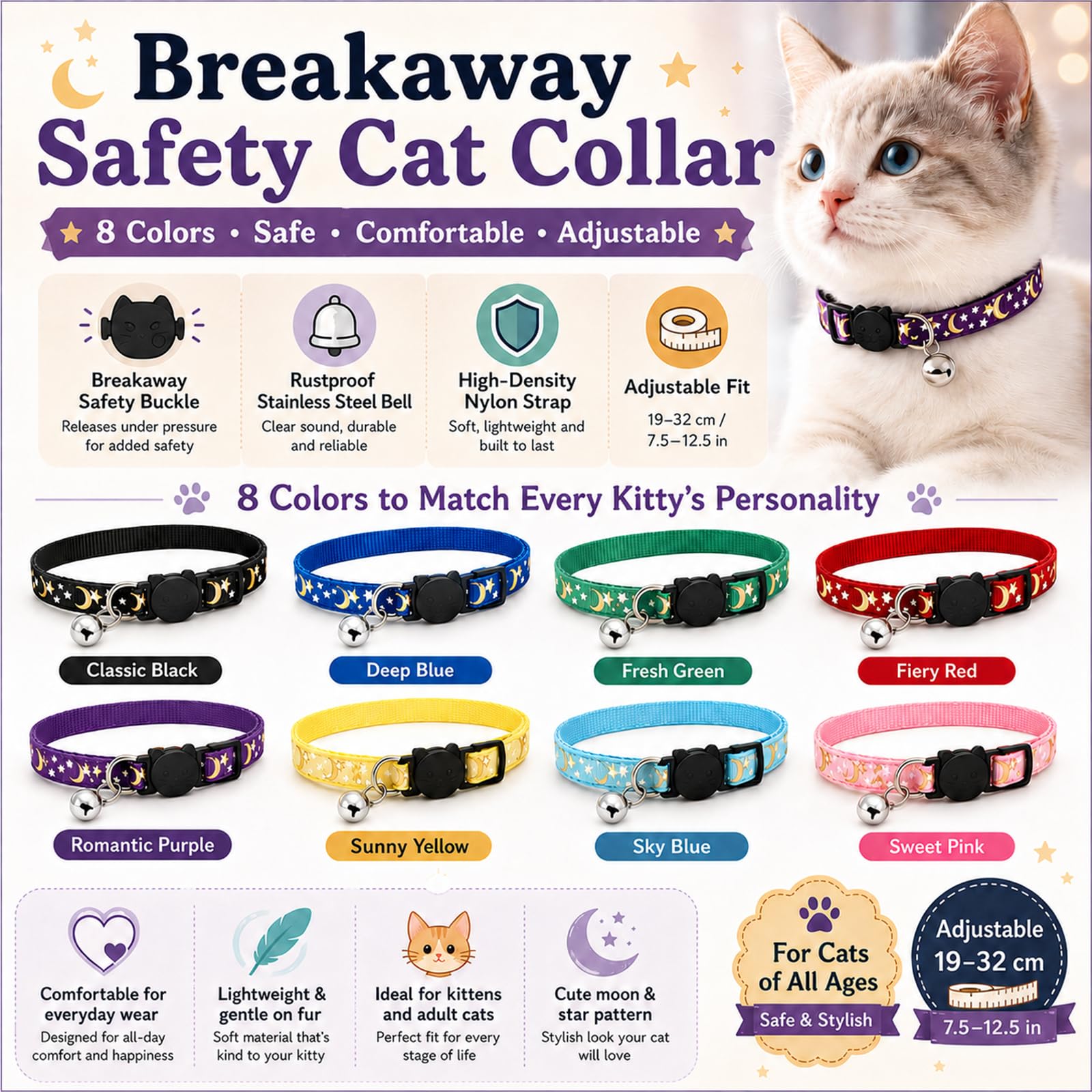 Muexoee Reflective Adjustable Cat Collar with Bell, Moon Star Print, Blue, 2 Pack 3