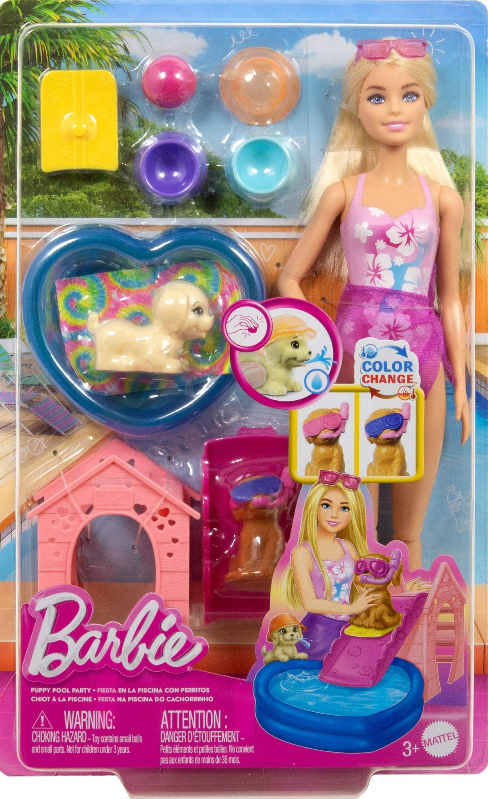 Barbie Puppy Pool Party Playset with Fashion Doll, Doghouse Slide & Heart-Shaped Pool 6