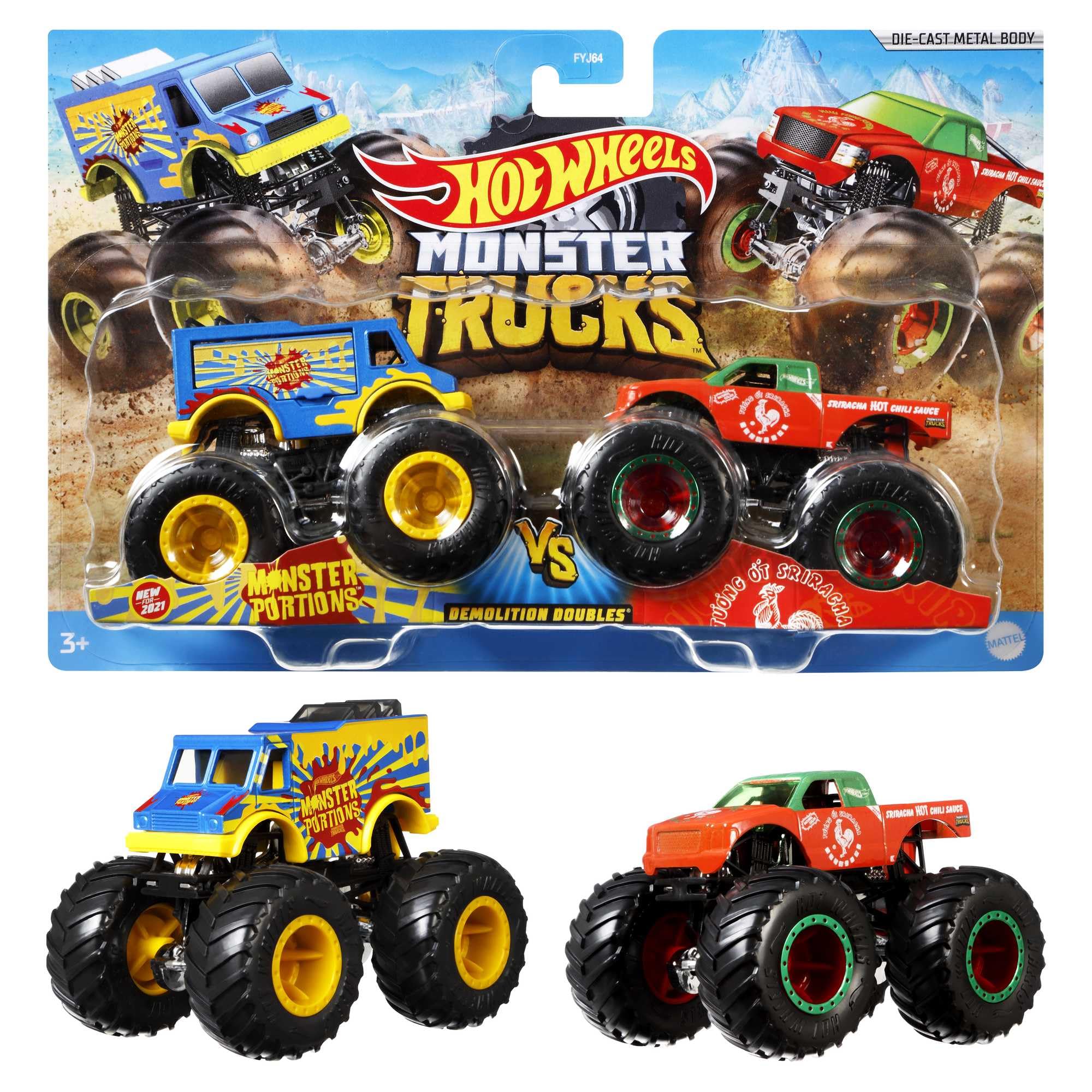 Hot Wheels Monster Trucks 1:64 Demo Doubles 2-Pack - Head-to-Head Battle Vehicles for Kids