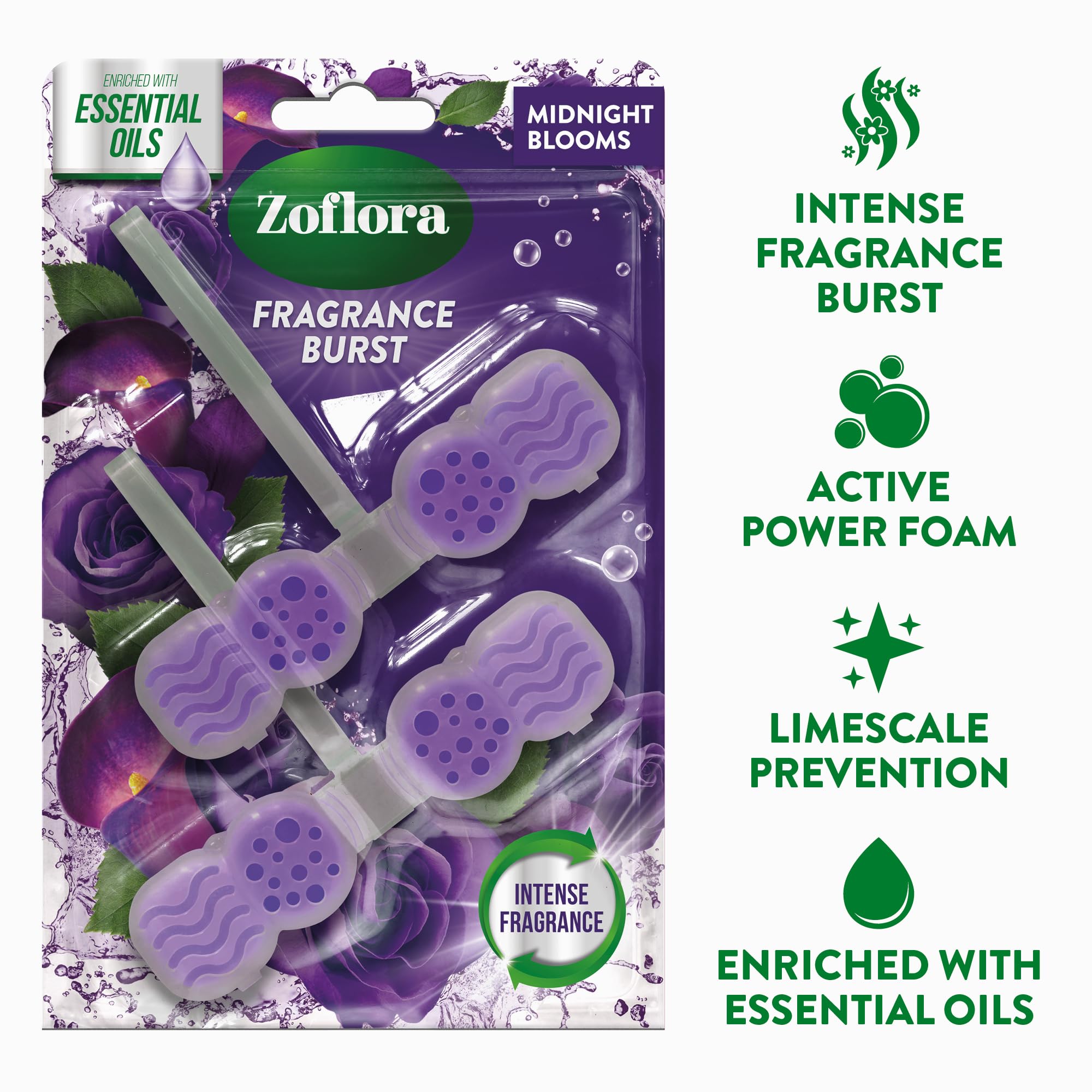 Zoflora Midnight Blooms Toilet Rim Blocks (Pack of 2) - Continuous Freshness with Essential Oils 4