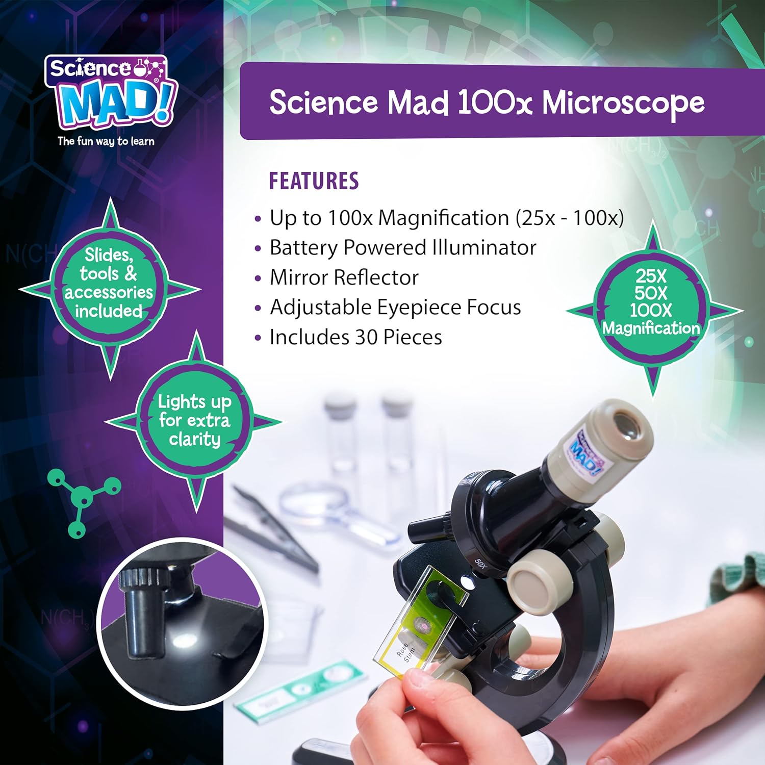 Science Mad SM45 Rose 100x Microscope - Educational STEM Toy for Kids 6+ 9