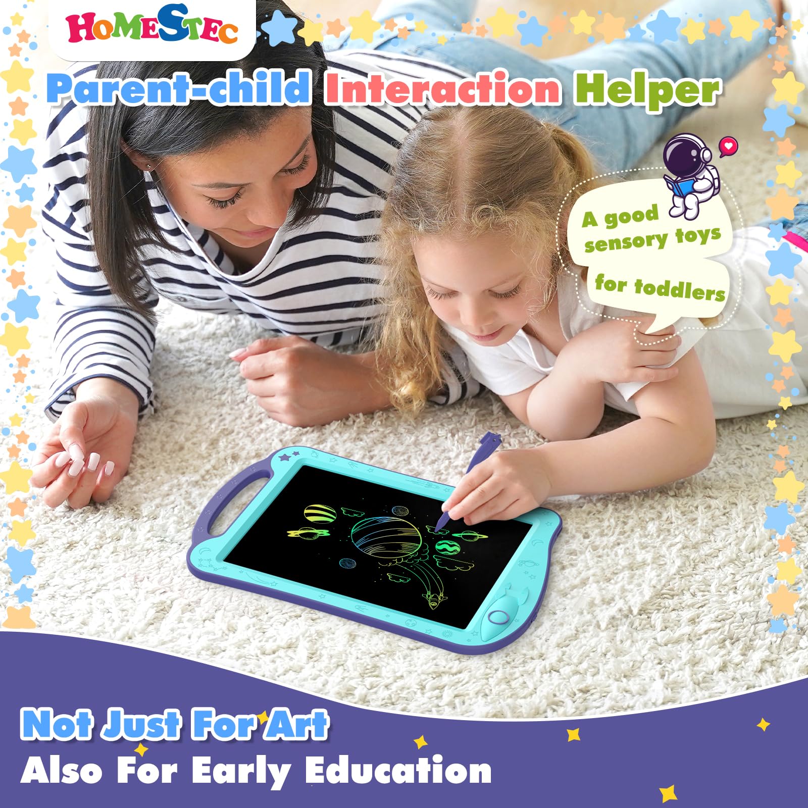 HOMESTEC AstroDraw Space Drawing Pad for Kids - LCD Writing Tablet with Handle, Educational Toddler Toy for Ages 18 Months and Up (Aqua/Purple) 16
