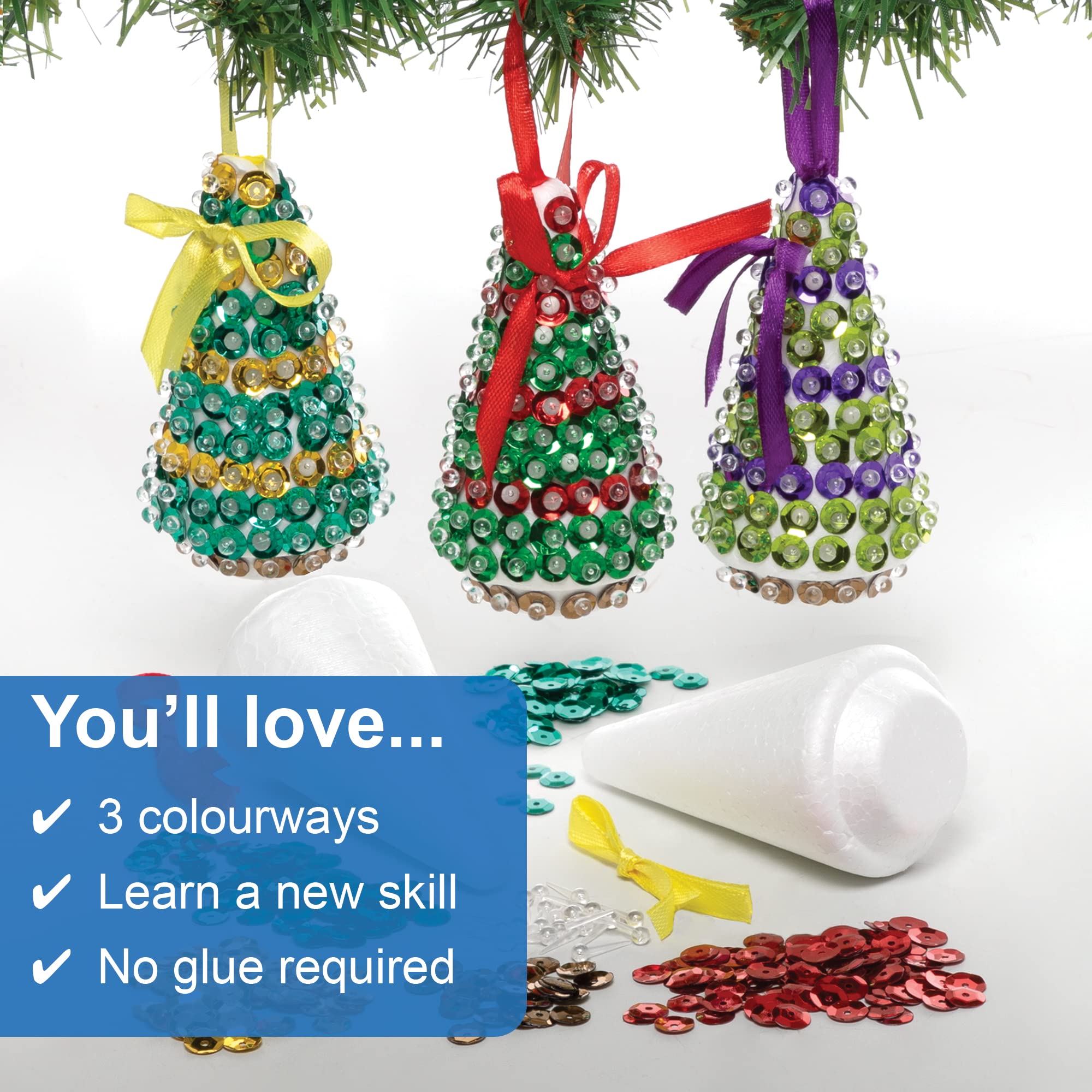 Baker Ross Christmas Tree Sequin Decoration Kits – Pack of 3, Make Your Own Craft Activity 3